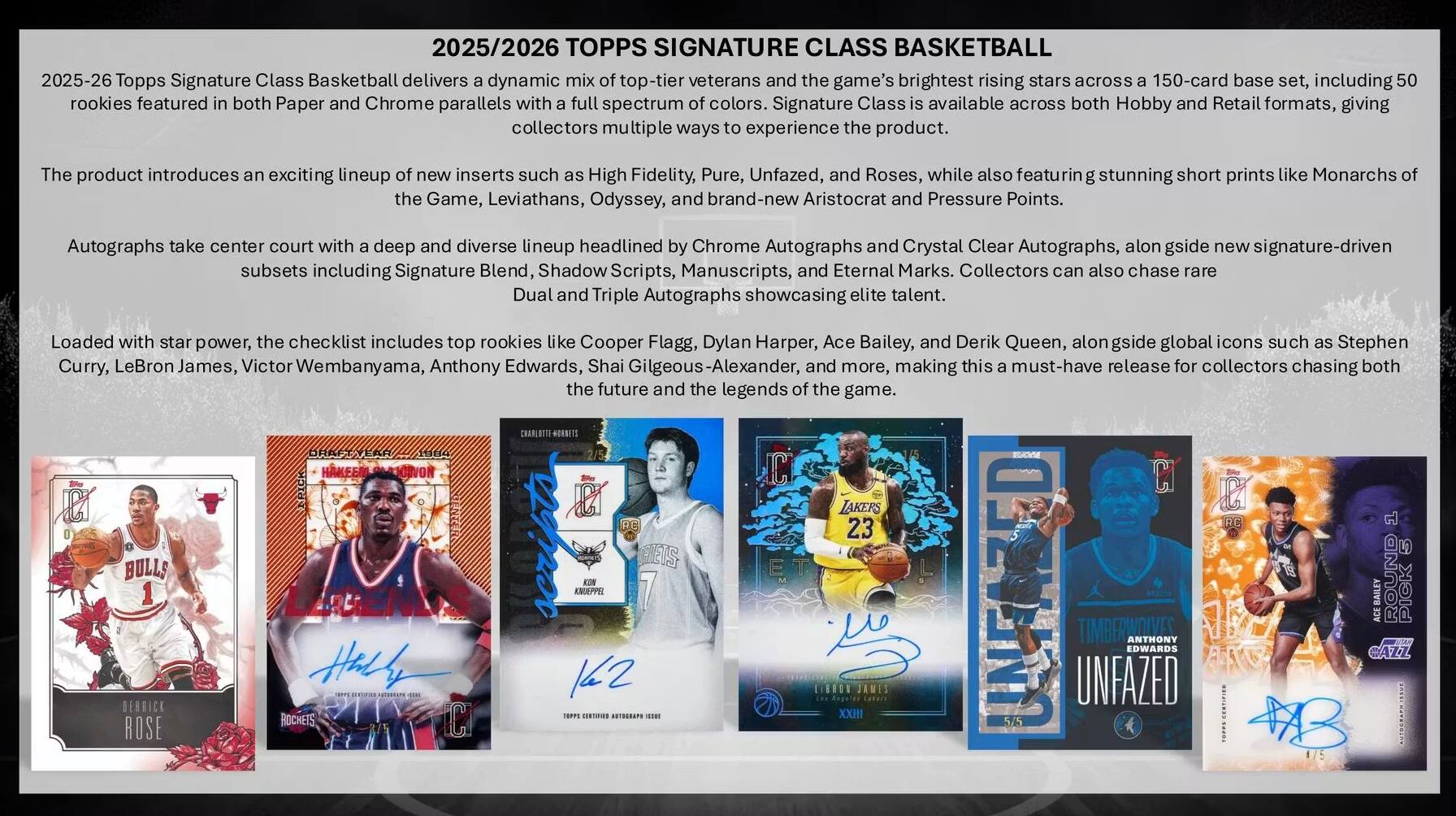2025/2026 TOPPS SIGNATURE CLASS BASKETBALL

2025-26 Topps Signature Class Basketball delivers a dynamic mix of top-tier veterans and the game's brightest rising stars across a 150-card base set, including 50 rookies featured in both Paper and Chrome parallels with a full spectrum of colors. Signature Class is available across both Hobby and Retail formats, giving collectors multiple ways to experience the product.

The product introduces an exciting lineup of new inserts such as High Fidelity, Pure, Unfazed, and Roses, while also featuring stunning short prints like Monarchs of the Game, Leviathans, Odyssey, and brand-new Aristocrat and Pressure Points. Autographs take center court with a deep and diverse lineup headlined by Chrome Autographs and Crystal Clear Autographs, alongside new signature-driven subsets including Signature Blend, Shadow Scripts, Manuscripts, and Eternal Marks. Collectors can also chase rare Dual and Triple Autographs showcasing elite talent.

Loaded with star power, the checklist includes top rookies like Cooper Flagg, Dyante Harper, Ace Bailey, and Derik Queen, alongside global icons such as Stephen Curry, LeBron James, Victor Wembanyama, Anthony Edwards, and Shai Gilge