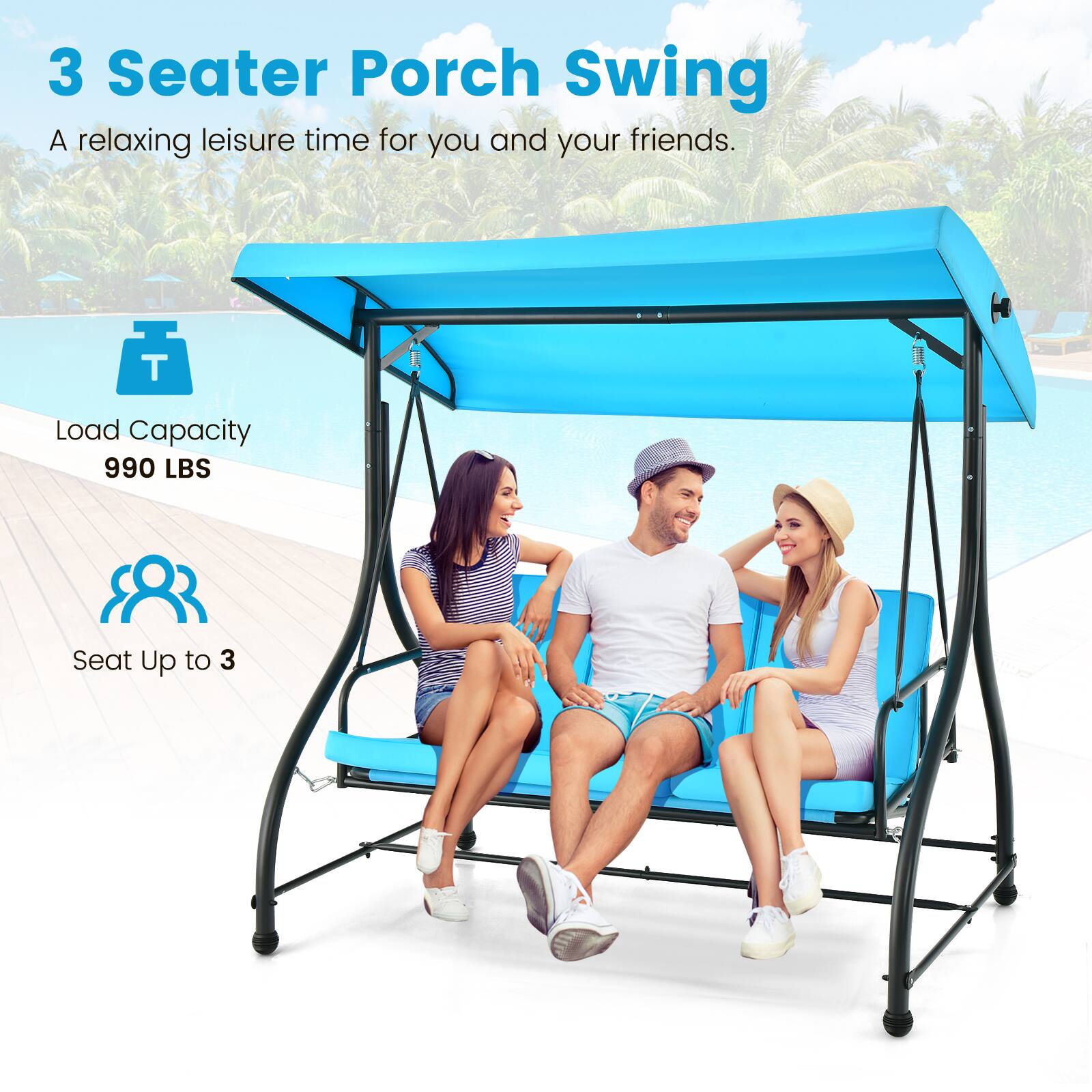 Alt View 4. Gymax - Gymax 3-Seat Outdoor Converting Patio Swing Glider Adjustable Canopy Porch Swing Blue - Blue.