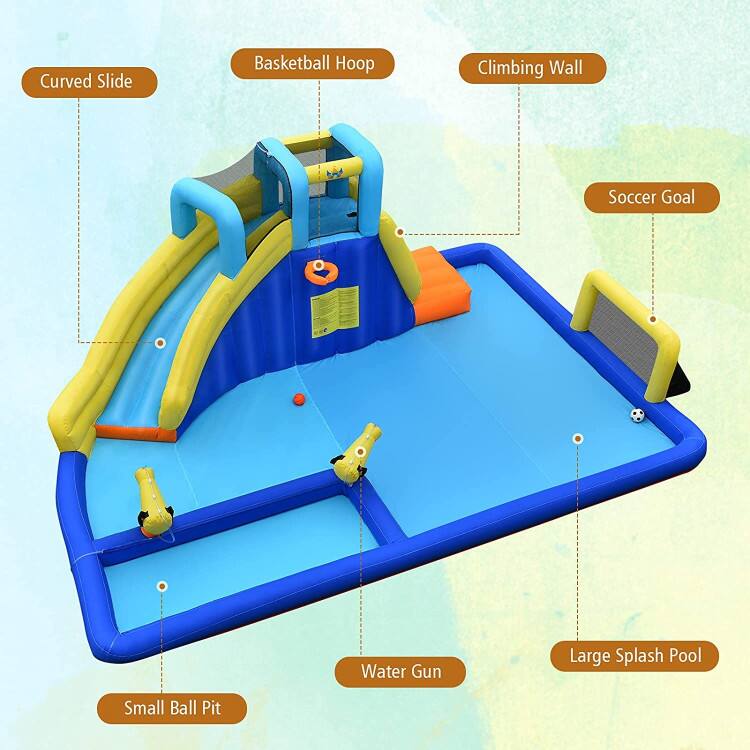 - Curved Slide
- Basketball Hoop
- Climbing Wall
- Soccer Goal
- Water Gun
- Large Splash Pool
- Small Ball Pit