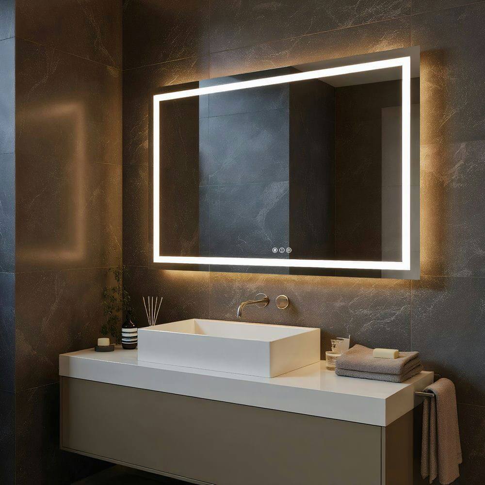 Alt View 6. Kadyn - 48x32 Inch Extra Wide Frameless Rectangle LED Bathroom Mirror for Large Walls.