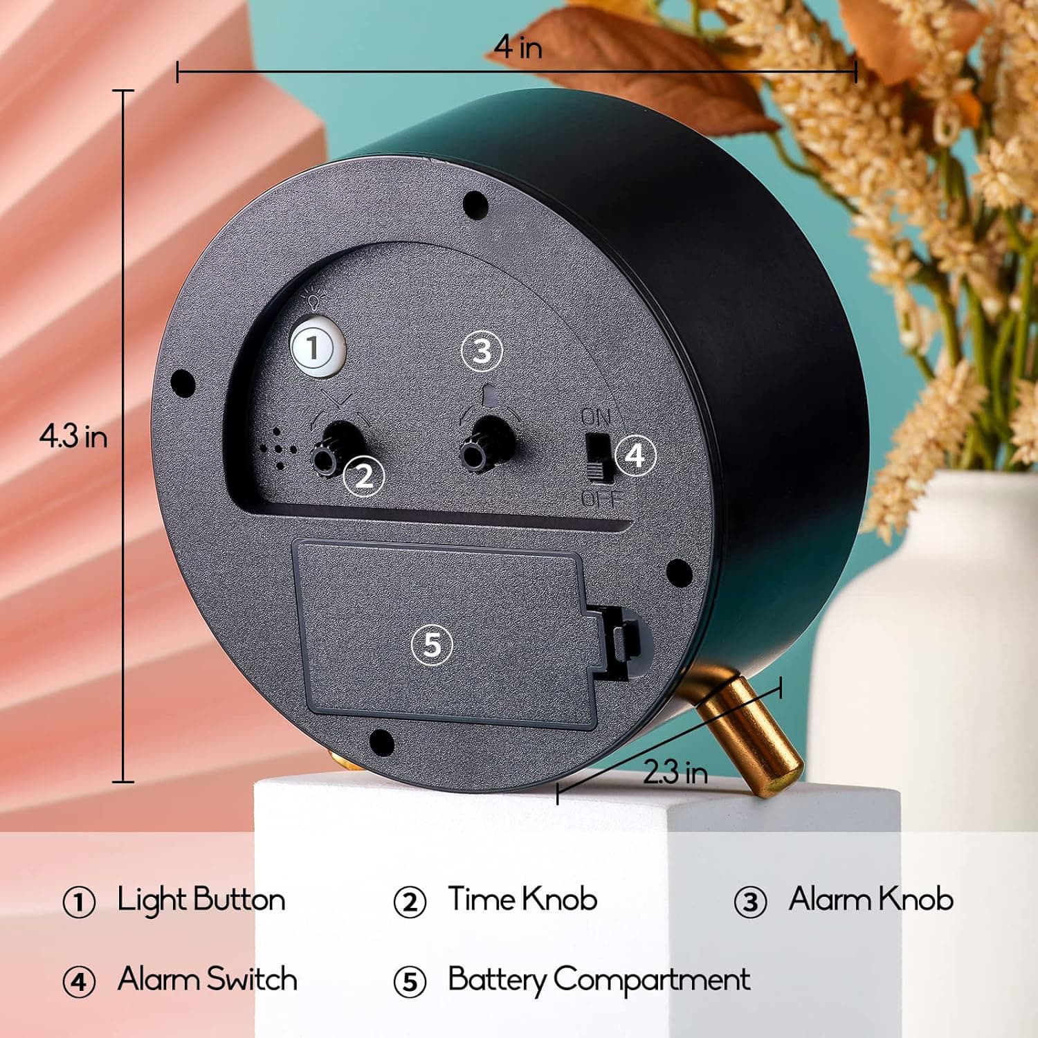 4 in 1  
3 4.3 in 2 ON 4 OFF 5 I | 2.3 in 1 Light Button 2 Time Knob 3 Alarm Knob 4 Alarm Switch 5 Battery Compartment