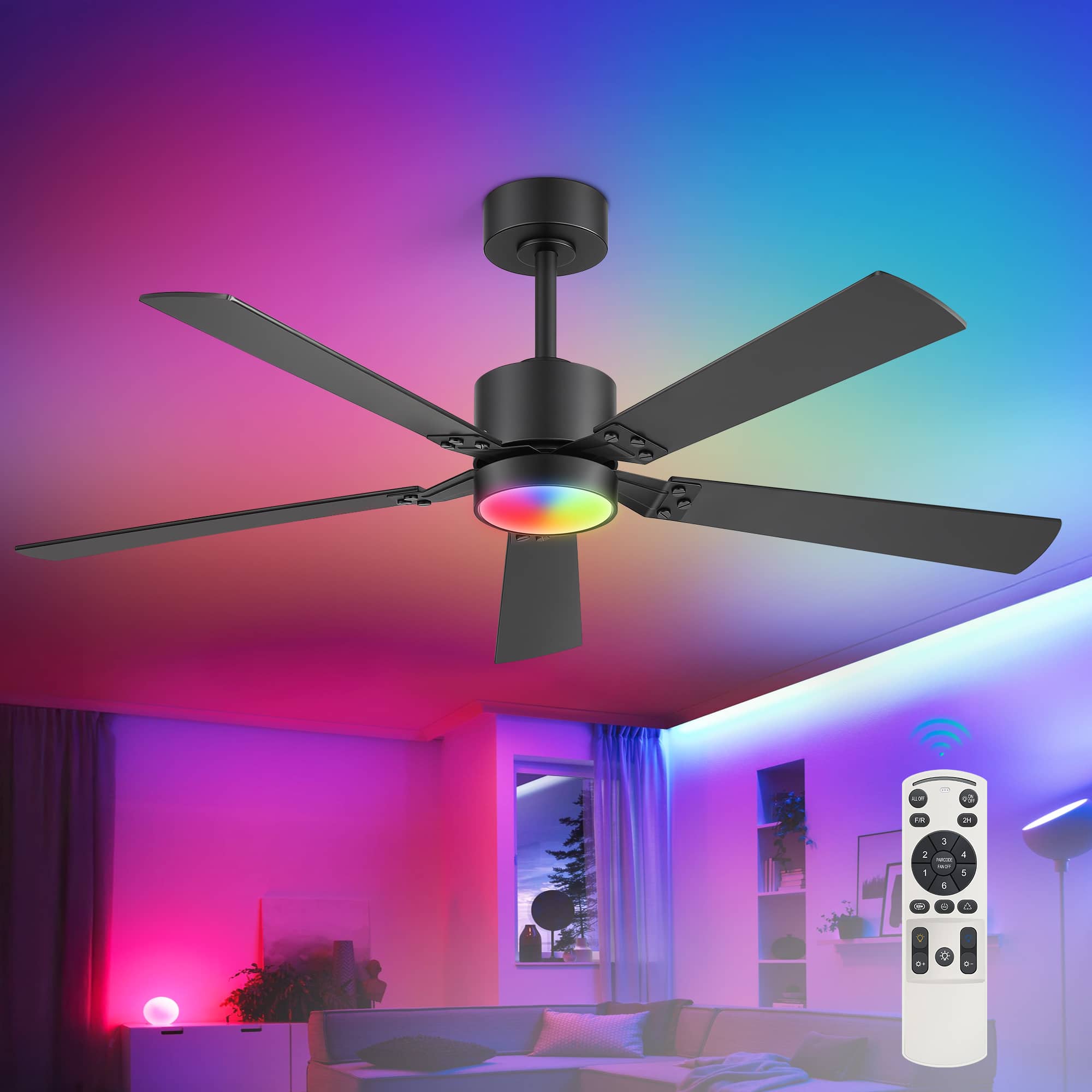Breezary - 52-Inch Ceiling Fan with Acrylic Light Shade, RGB LED Light, 6-Speed Remote Control, Timer, Downrod Mount - Black and Walnut