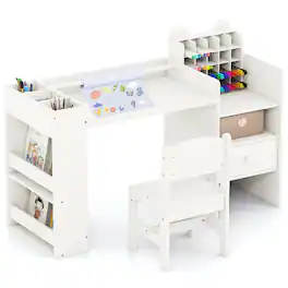 Gymax - Kids Art Table & Chair Set w/Detachable Paper Roll Holder & Cubby Cabinet Drawer - White