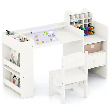 Front. Gymax - Gymax Kids Art Table & Chair Set w/Detachable Paper Roll Holder & Cubby Cabinet Drawer White - White.