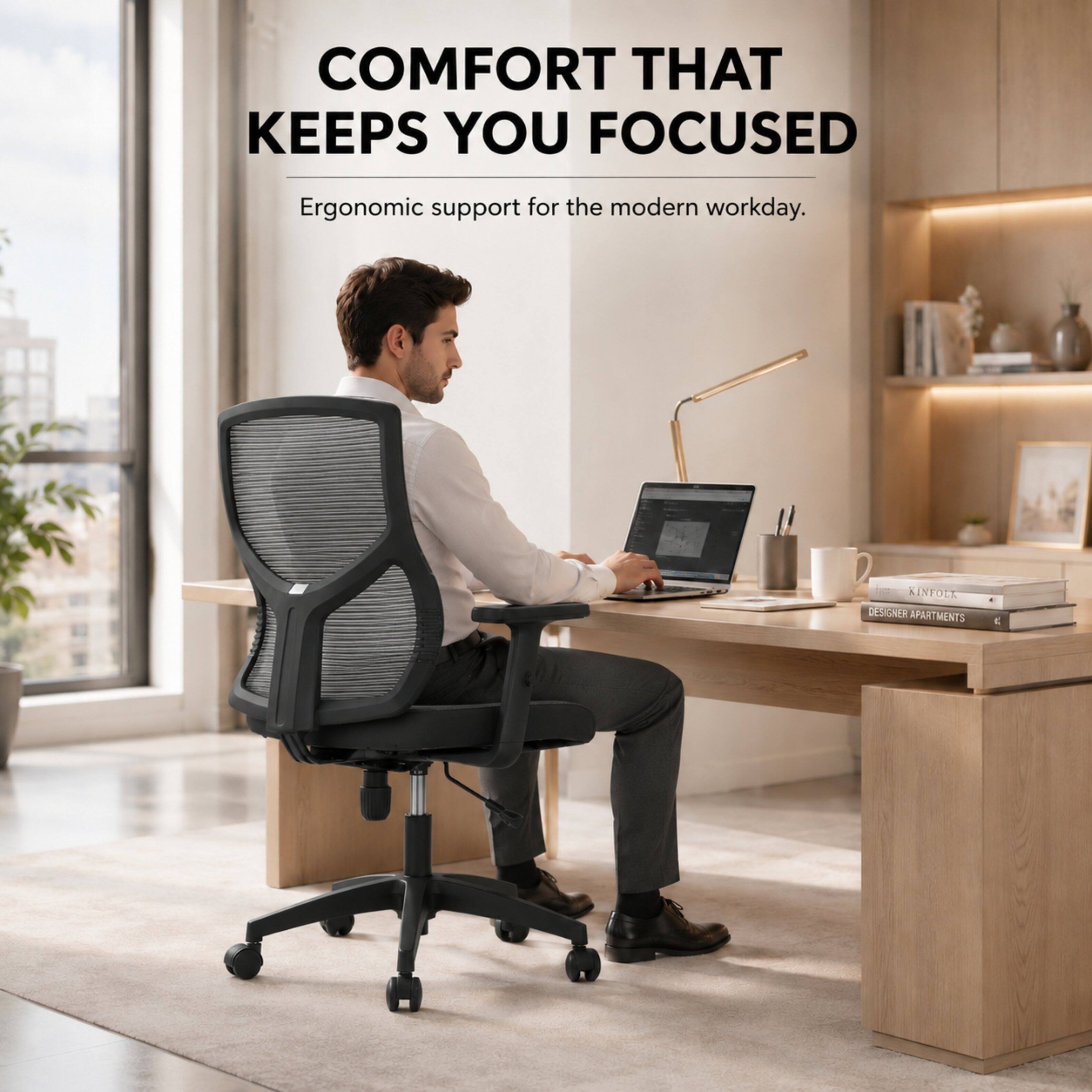 COMFORT THAT KEEPS YOU FOCUSED  
Ergonomic support for the modern workday.  
KINFOLK DESIGNER APARTMENTS