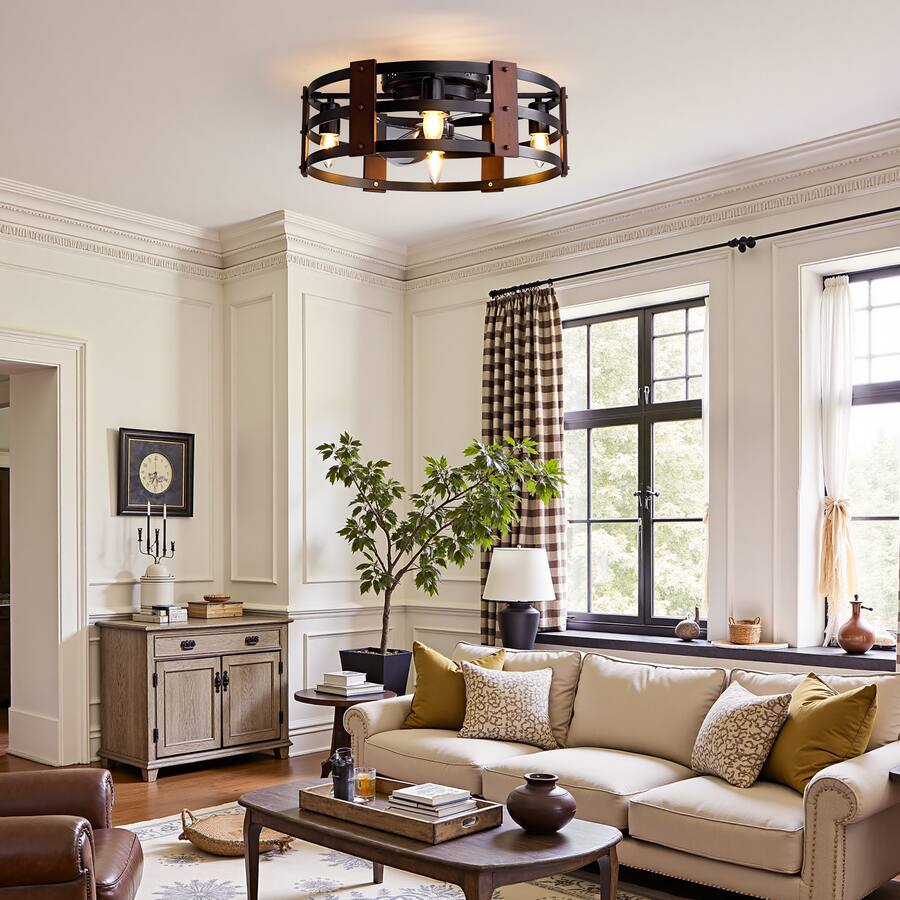 Siljoy 20 Inch Black Ribbed Flush Mount Ceiling Fan Light Modern ...