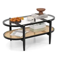 Costway 2-Tier Coffee Table Tempered Glass Top with PE Rattan Shelf & Acacia Wood Frame - Black - Front_Zoom