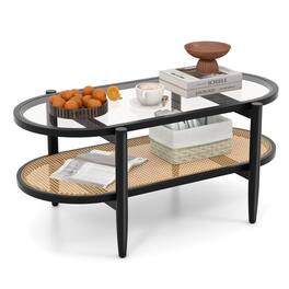 Costway - 2-Tier Coffee Table Tempered Glass Top with PE Rattan Shelf & Acacia Wood Frame - Black