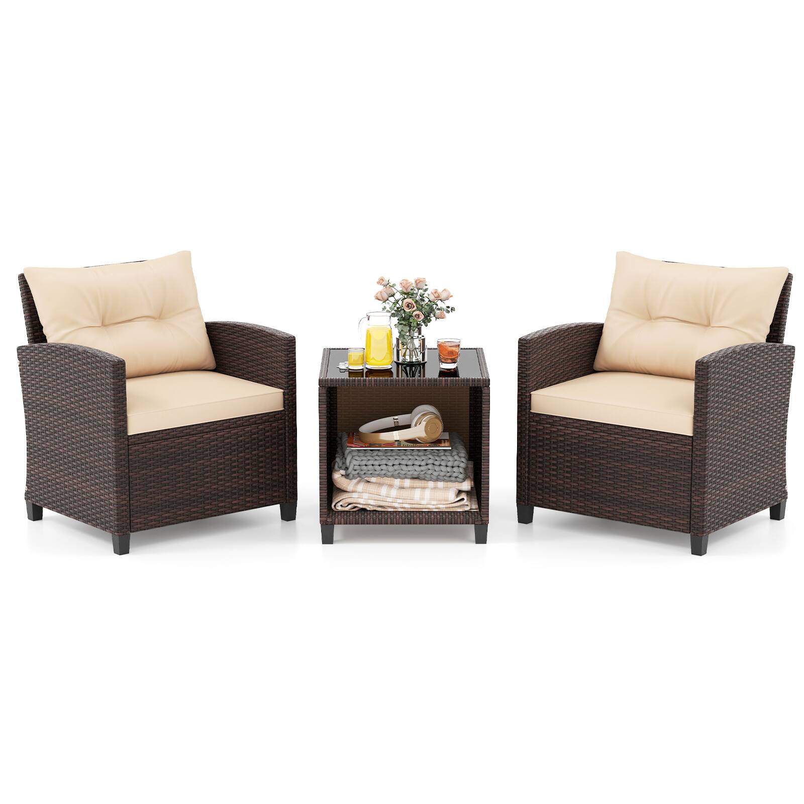 Alt View 8. Gymax - Gymax 3-Piece Patio Furniture Set PE Rattan Conversation Set w/ Glass Coffee Table Outdoor - Mix Brown, Beige.