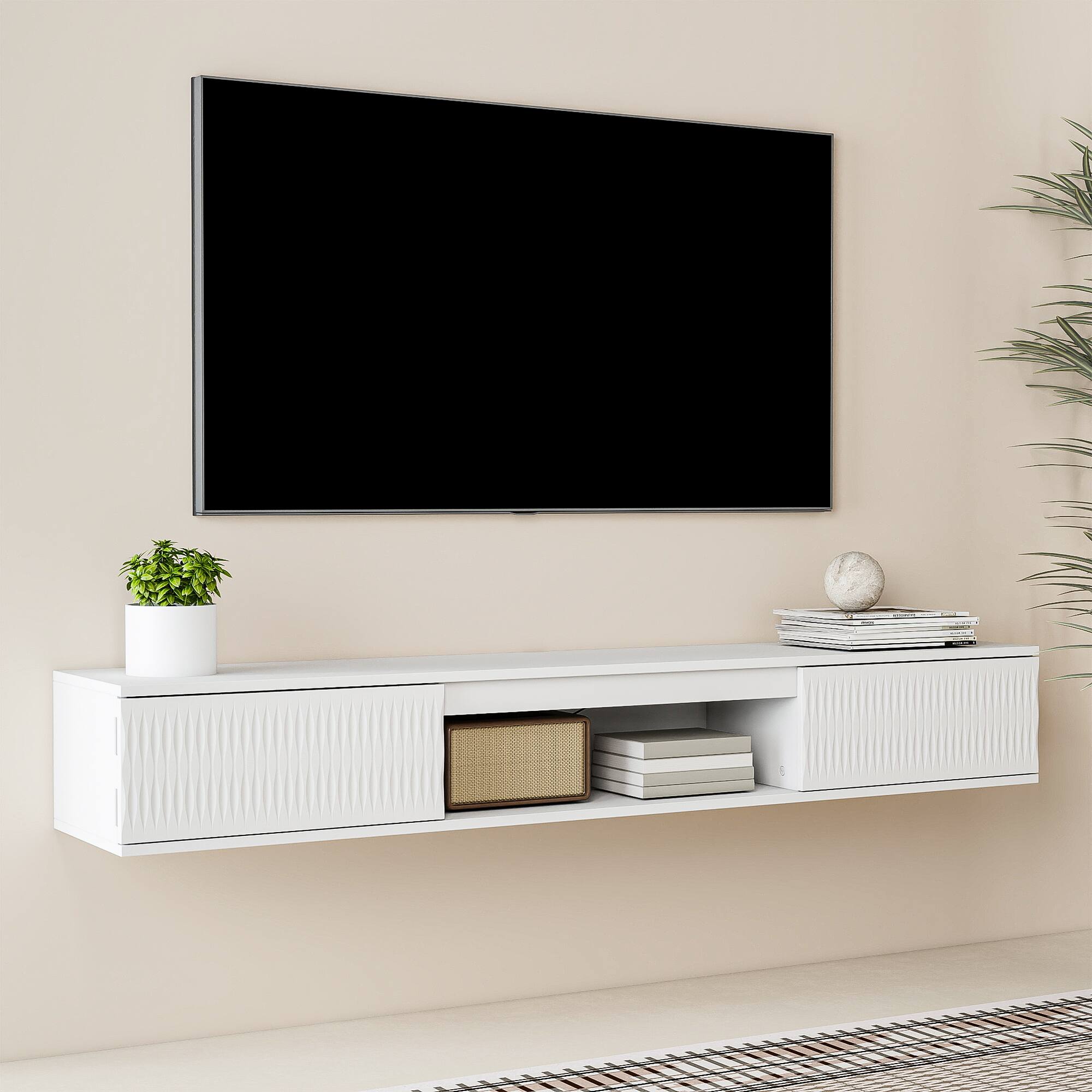 Alt View 2. Kadyn - Wall-Mounted Floating TV Stand with LED Lighting and Twisted Texture Design - White.