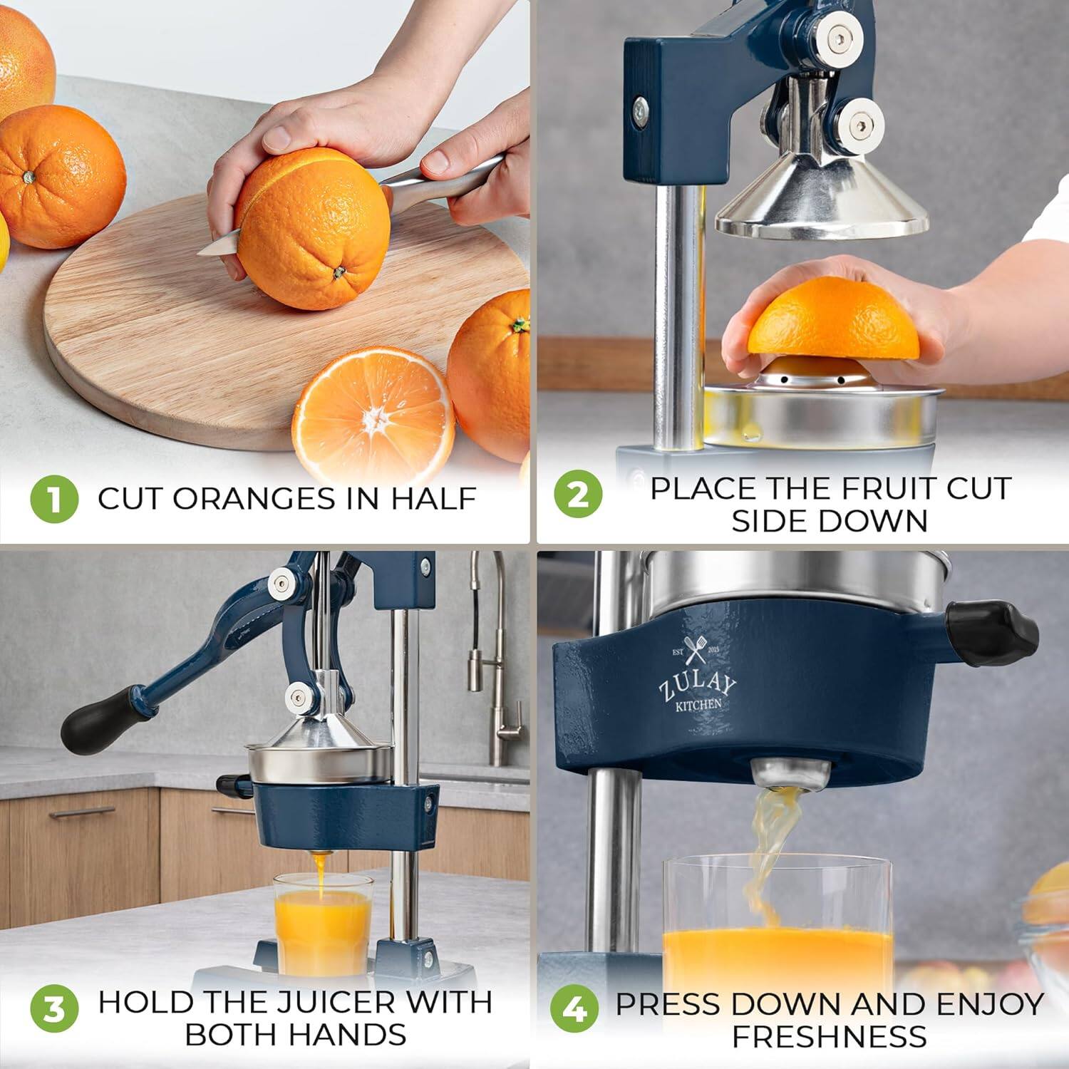 1. CUT ORANGES IN HALF  
2. PLACE THE FRUIT CUT SIDE DOWN  
3. HOLD THE JUICER WITH BOTH HANDS  
4. PRESS DOWN AND ENJOY FRESHNESS