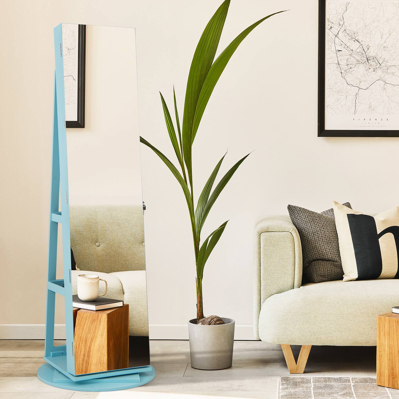 Alt View 1. Gymax - Gymax 360° Rotating Mirrored Jewelry Cabinet Armoire 3 Color LED Modes Lockable Blue - Blue.