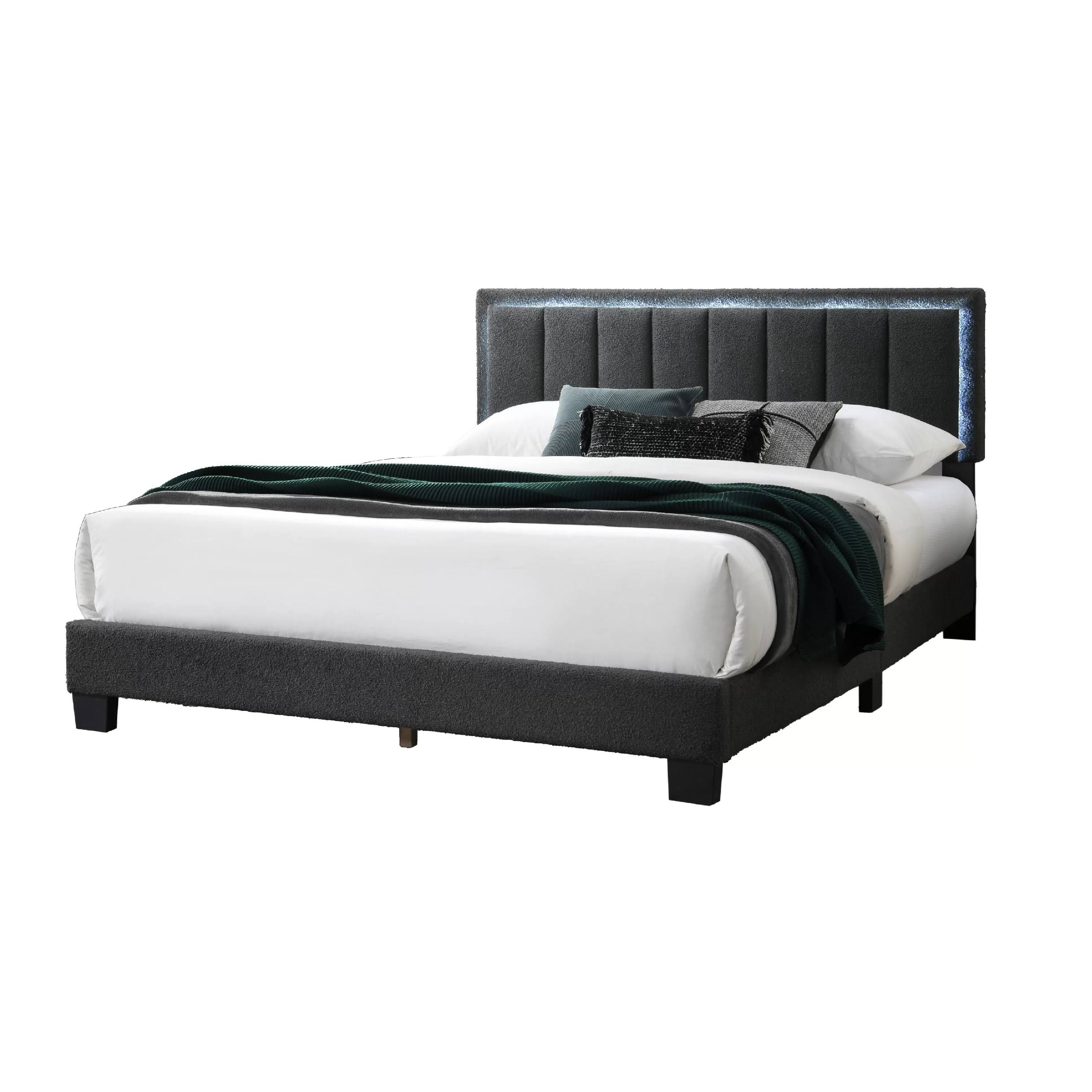 Front. Manhattan Lane - Jiana Full Bed, Charcoal Gray Wool Upholstery, LED Headboard - Charcoal Gray, Black.