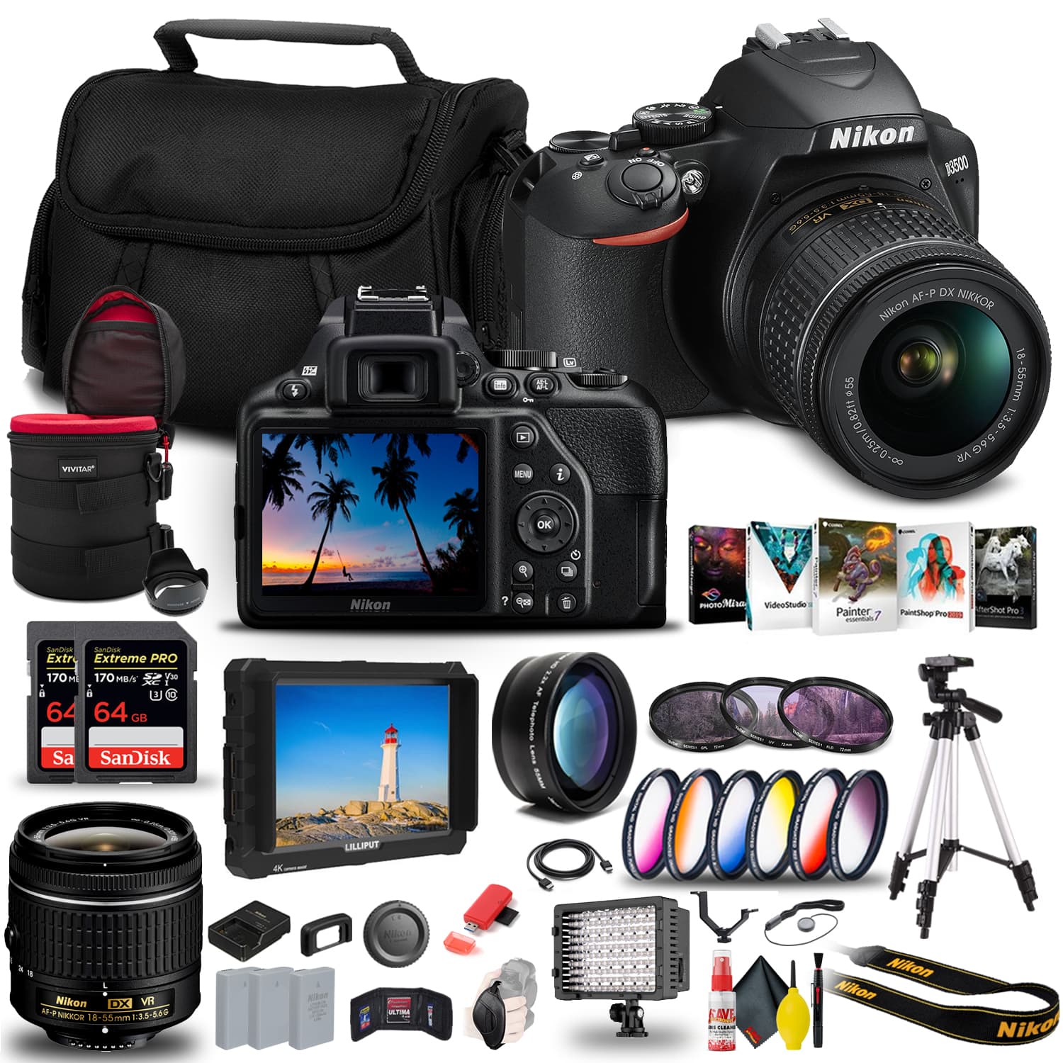 Nikon - D3500 DSLR Camera with 18-55mm Lens (1590) + 4K Monitor + 2 x 64GB Extreme Pro Card Tripod Bundle (International V