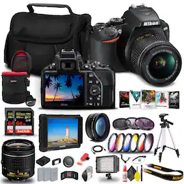 Nikon - D3500 DSLR Camera with 18-55mm Lens (1590) + 4K Monitor + 2 x 64GB Extreme Pro Card Tripod Bundle (International V