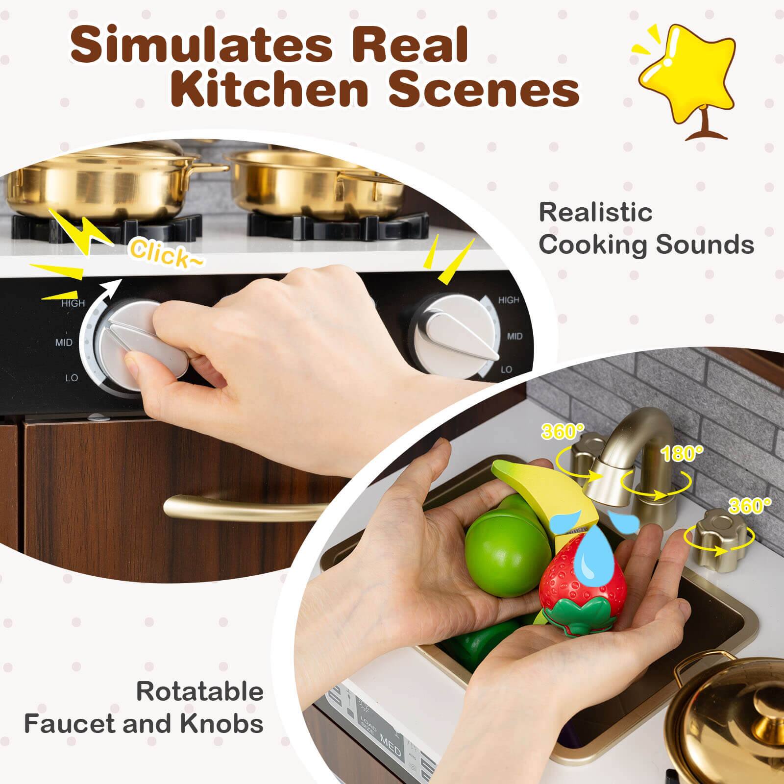 Simulates Real Kitchen Scenes

Realistic Cooking Sounds

Rotatable Faucet and Knobs

Click~
