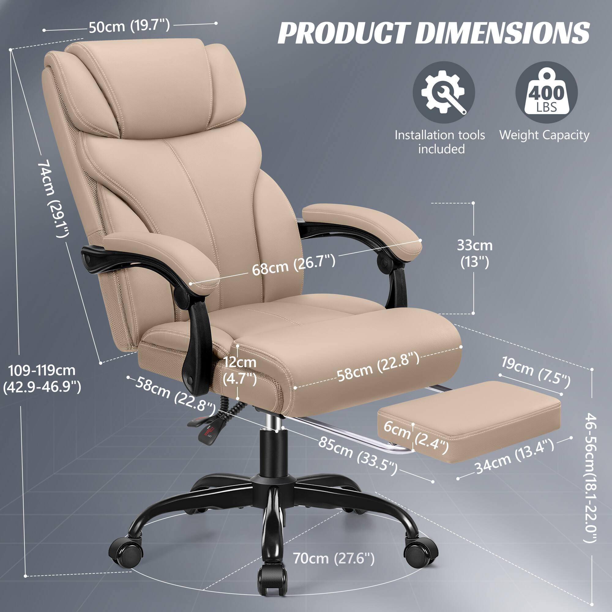 - 50cm (19.7")
- 74cm (29.1")
- 68cm (26.7")
- 109-119cm (42.9-46.9")
- 33cm (13")
- 58cm (22.8")
- 12cm (4.7")
- 85cm (33.5")
- 19cm (7.5")
- 6cm (2.4")
- 34cm (13.4")
- 46-56cm (18.1-22.0")
- 70cm (27.6")
- Installation tools included
- Weight Capacity: 400 LBS