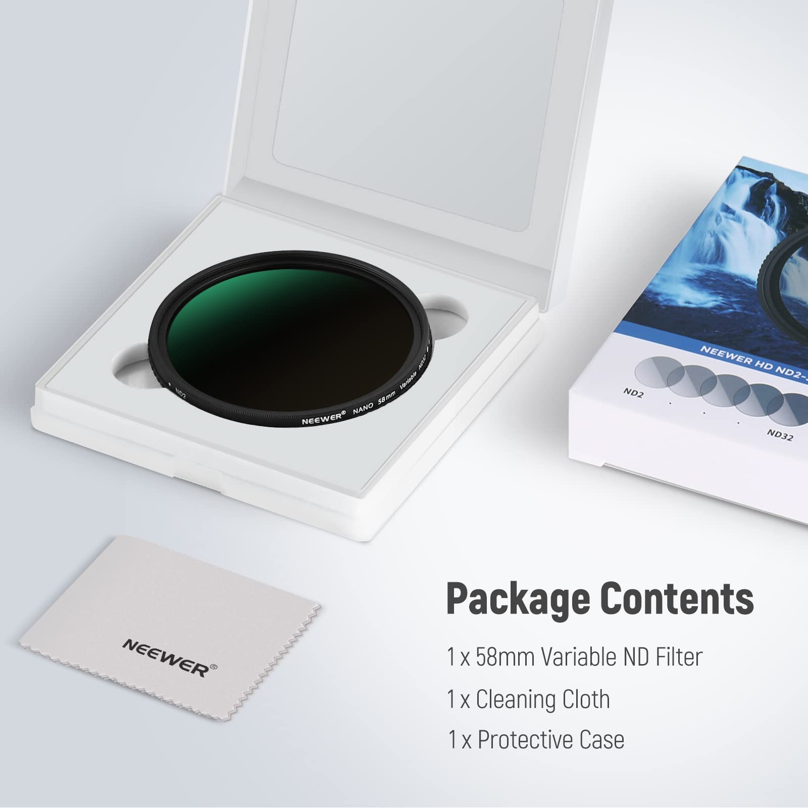 NEEWER HD ND2-ND32 Package Contents

1 x 58mm Variable ND Filter
1 x Cleaning Cloth
1 x Protective Case