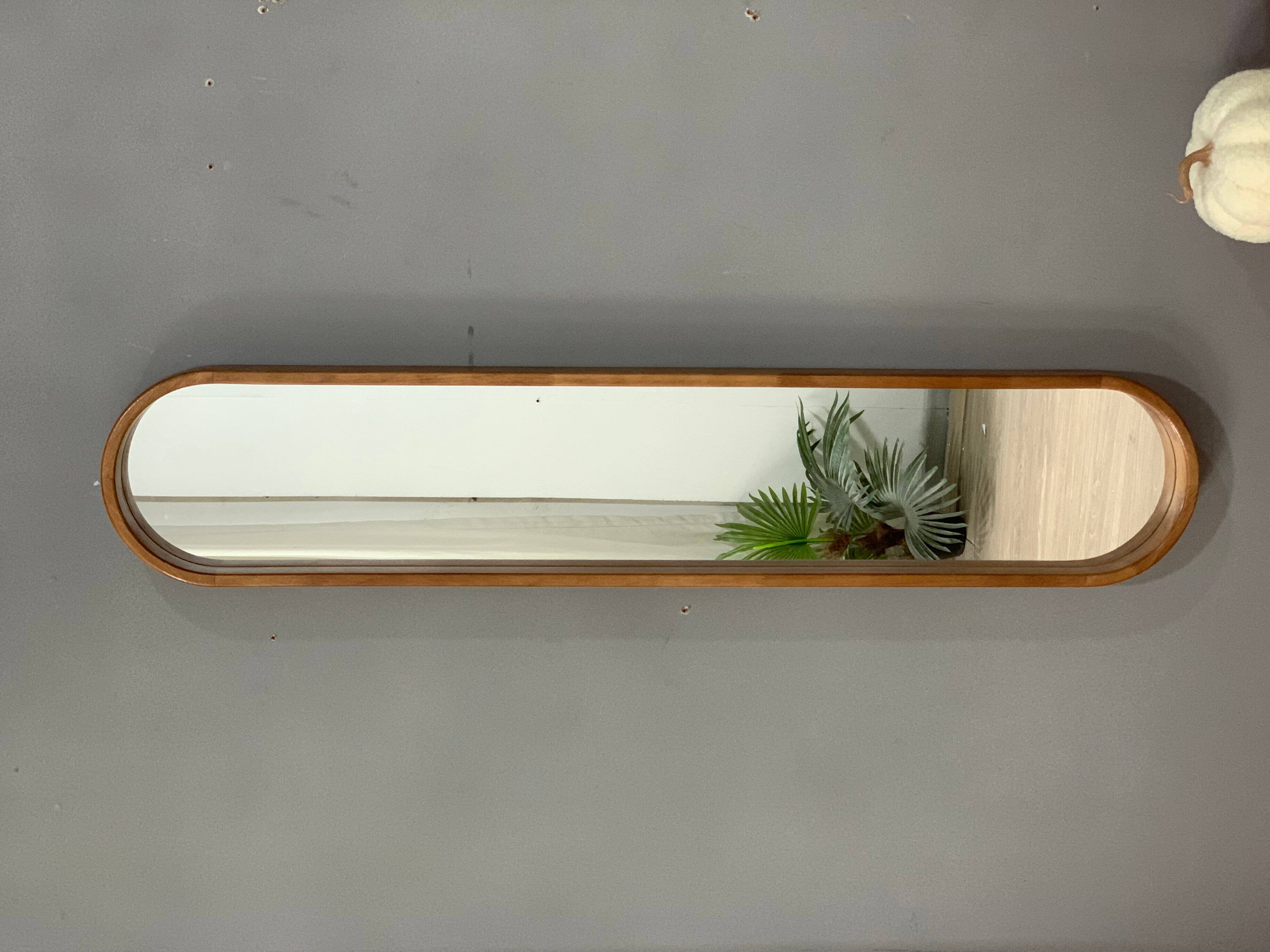 Angle. TinyHomie - 9x47 Inch Decorative Rubber Frame Mirror with Elongated Oval Frame Brown.