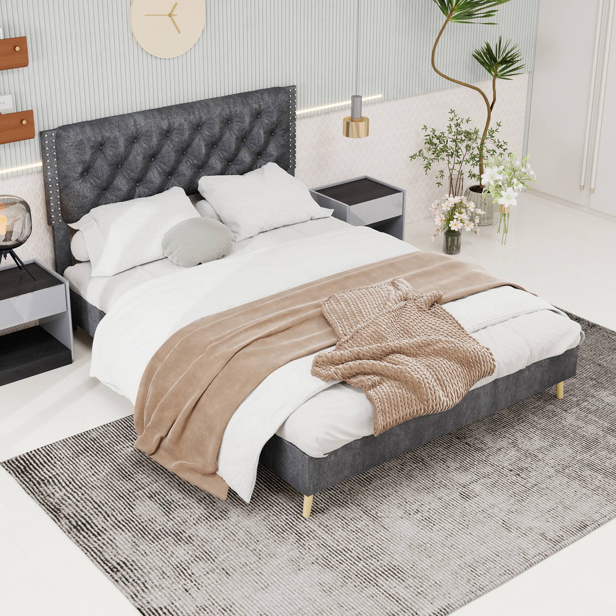 Alt View 10. GOODSILO - Luxury Tufted Velvet Upholstered Bed Frame with Platform Base for Queen Size Mattress, Gray Modern Bedroom Centerpiece - Grey.