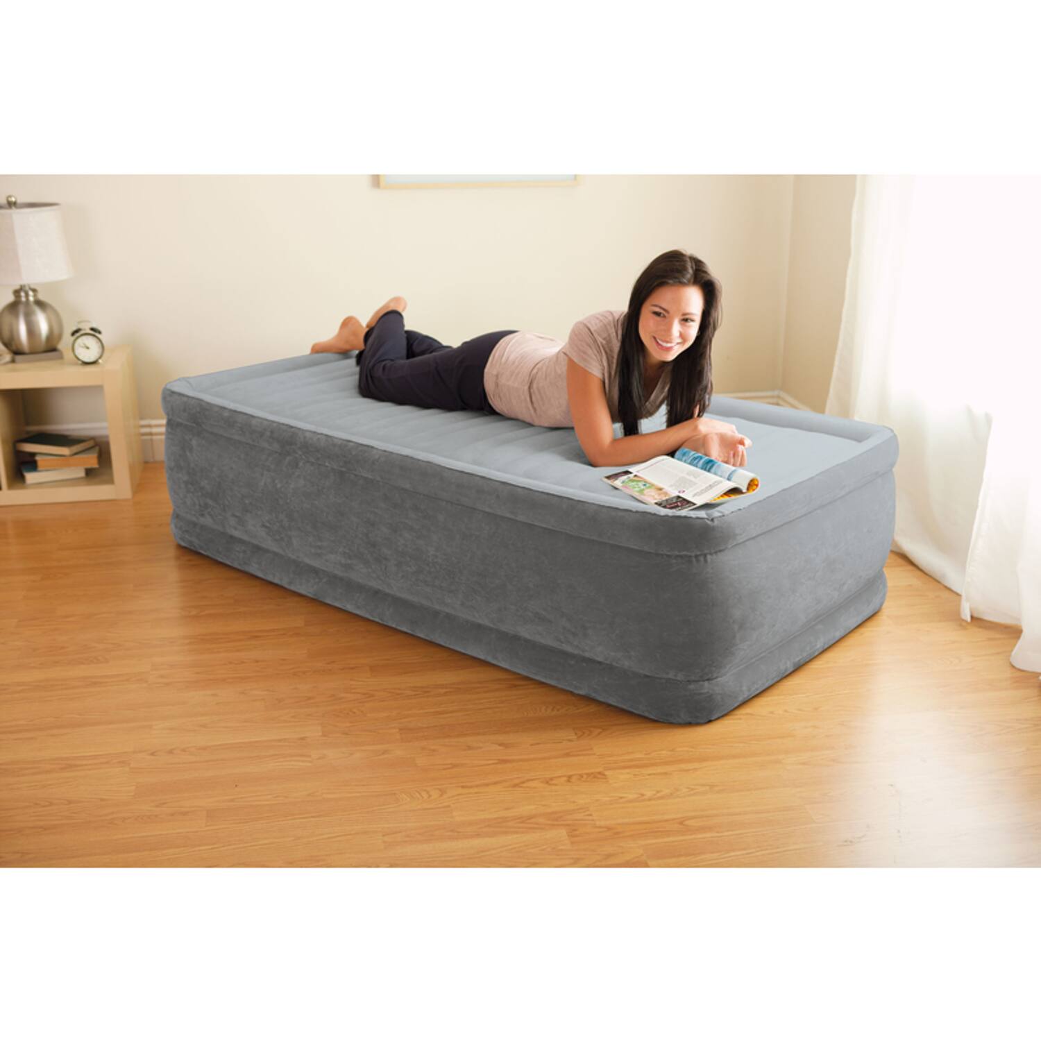 Left. Intex - Intex 64411ED Dura Beam Comfort Plus Airbed Mattress w/ Built In Pump, Twin Size - Gray.