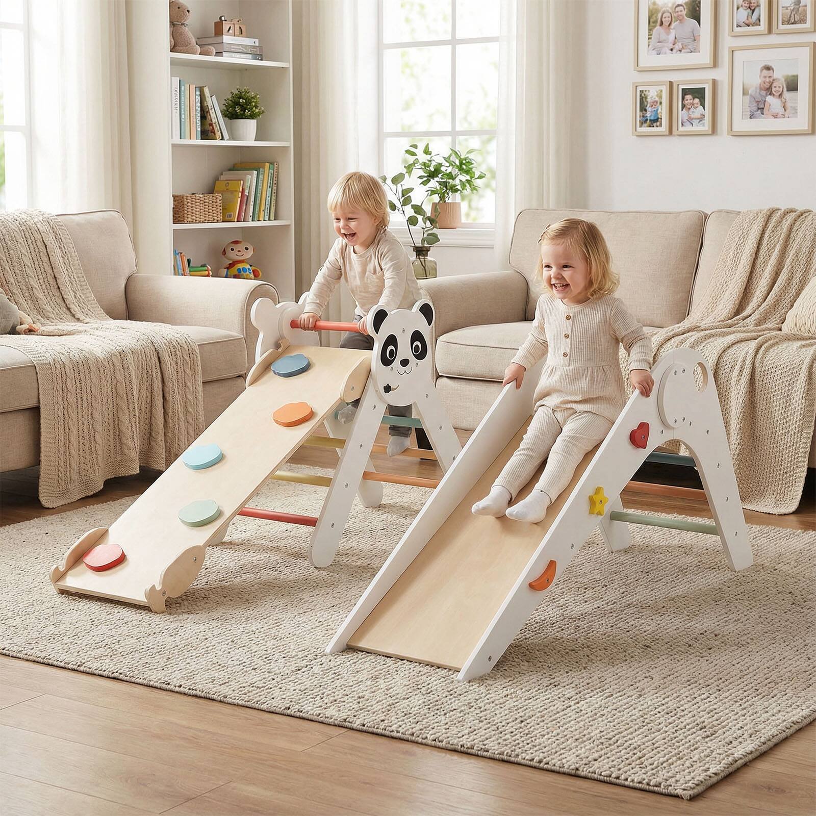 Alt View 1. Gymax - Gymax Panda-Themed Wood Montessori Climbing Set w/Slide Ramp Ladder & Cartoon Blocks White - White.