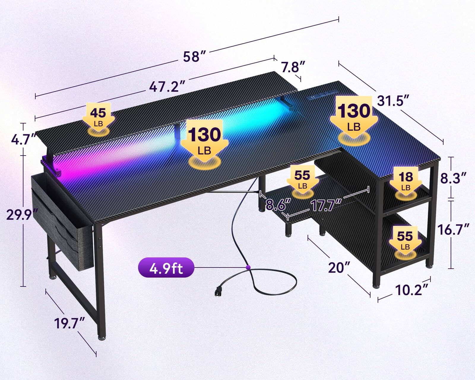 Sure, here is the corrected and grouped text from the image:

- **Dimensions:**
  - Length: 58"
  - Width: 31.5"
  - Height: 8.6"
  - Depth: 19.7"
  - Shelf Depth: 16.7"
  - Shelf Height: 10.2"
  - Overall Height: 19.7"
  - Overall Width: 58"
  - Overall Depth: 31.5"
  - Overall Height: 19.7"
  - Overall Width: 58"
  - Overall Depth: 31.5"
  - Overall Height: 19.7"
  - Overall Width: 58"
  - Overall Depth: 31.5"
  - Overall Height: 19.7"
  - Overall Width: 58"
  - Overall Depth: 31.5"
  - Overall Height: 19.7"
  - Overall Width: 58"
  - Overall Depth: 31.5"
  - Overall Height: 19.7"
  - Overall Width: 58"
  - Overall Depth
