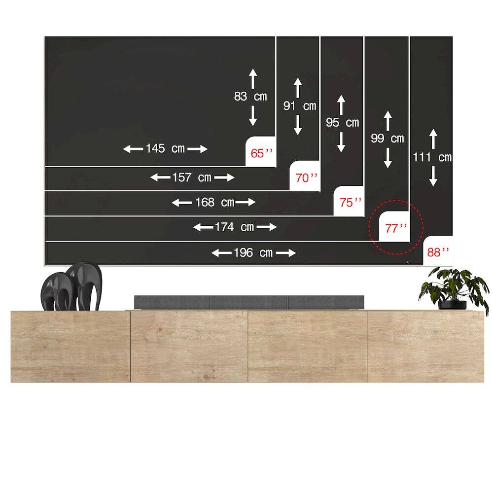145 cm  
83 cm  
65"  
91 cm  
95 cm  
99 cm  
111 cm  
157 cm  
70"  
168 cm  
75"  
174 cm  
77"  
196 cm  
88"