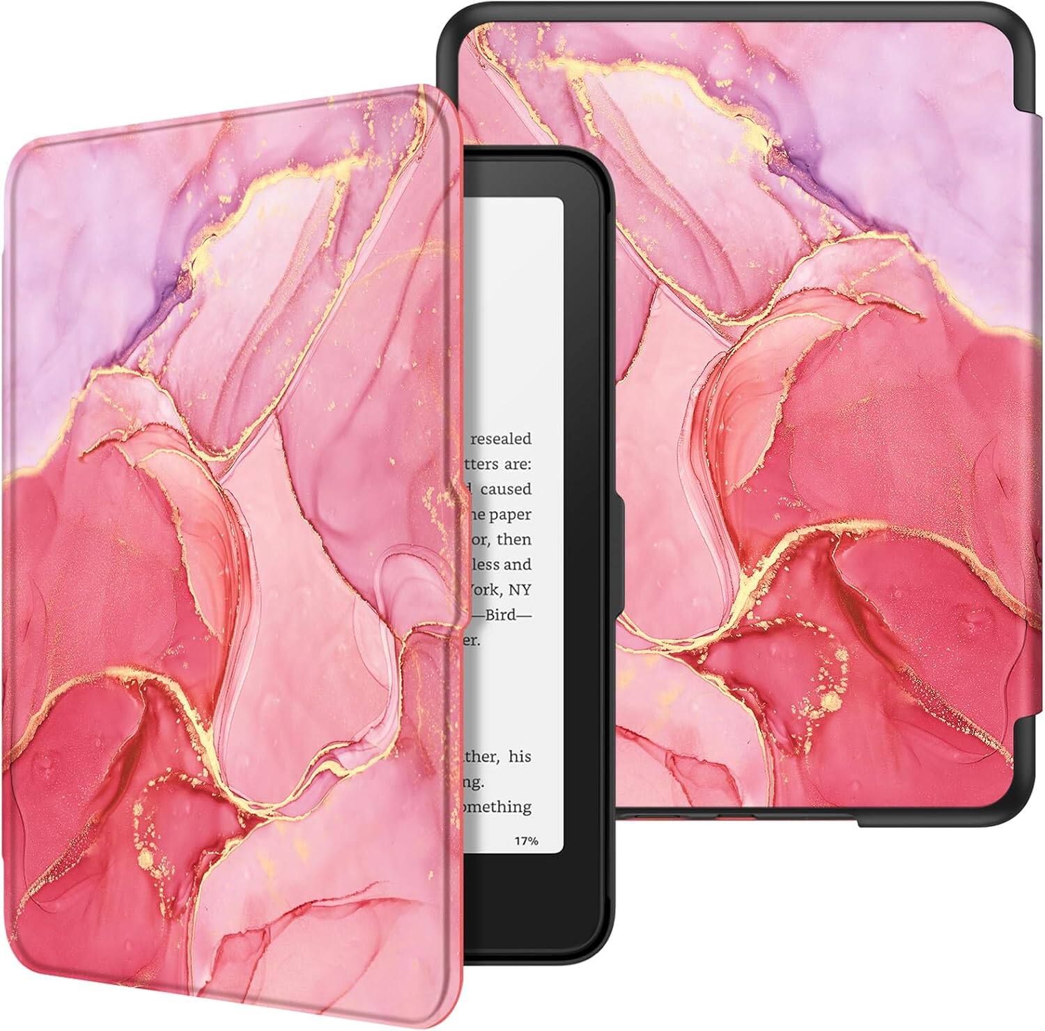 Fintie - Slim Case for 7" Kindle Paperwhite 12th Gen 2024 & Kindle Colorsoft Lightweight PU Leather Hard Back Shell - Marble Pink