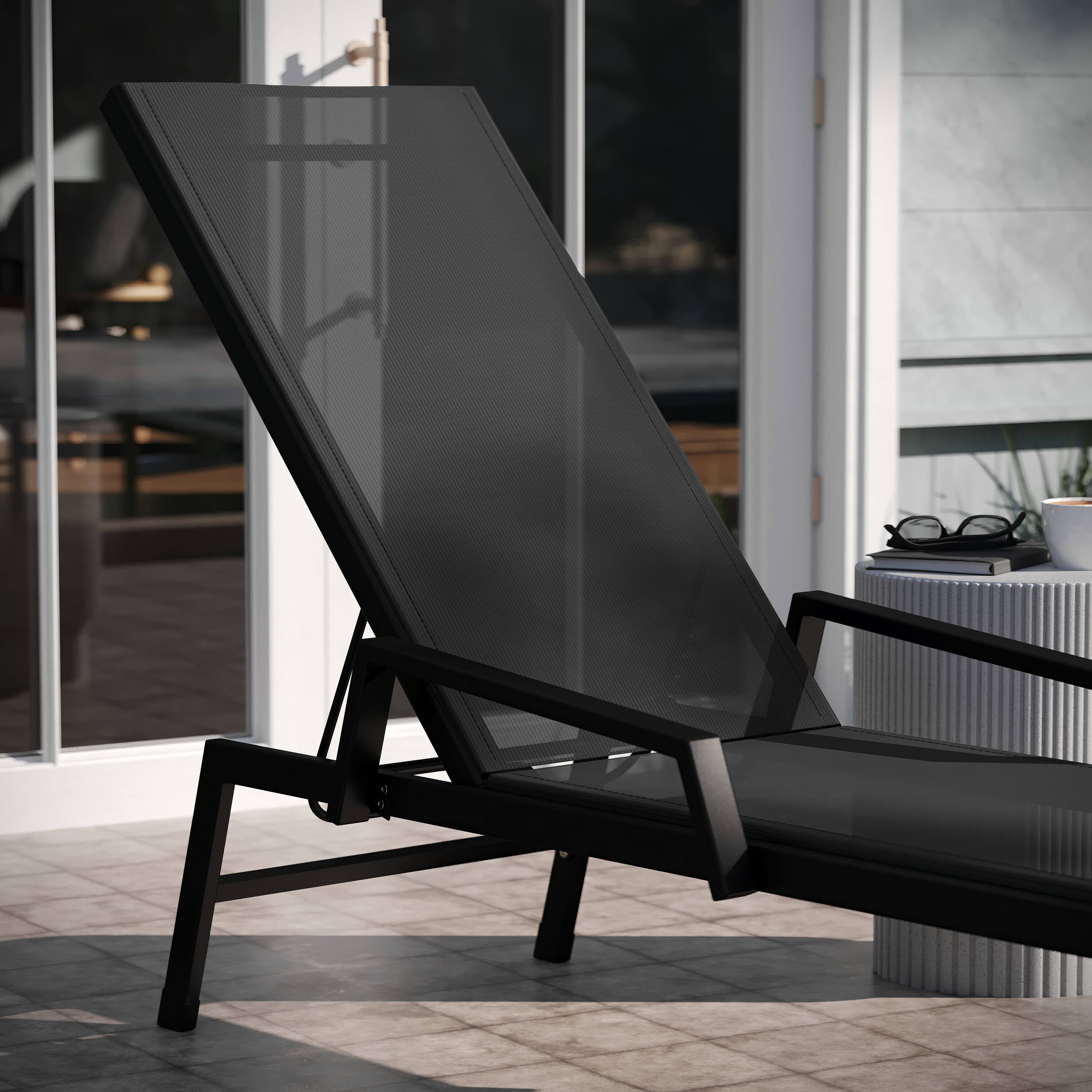 Alt View 4. Emma + Oliver - Braelin Textilene Adjustable 5 Position Patio Chaise Lounge with Armrests and Metal Frame - Black/Black.