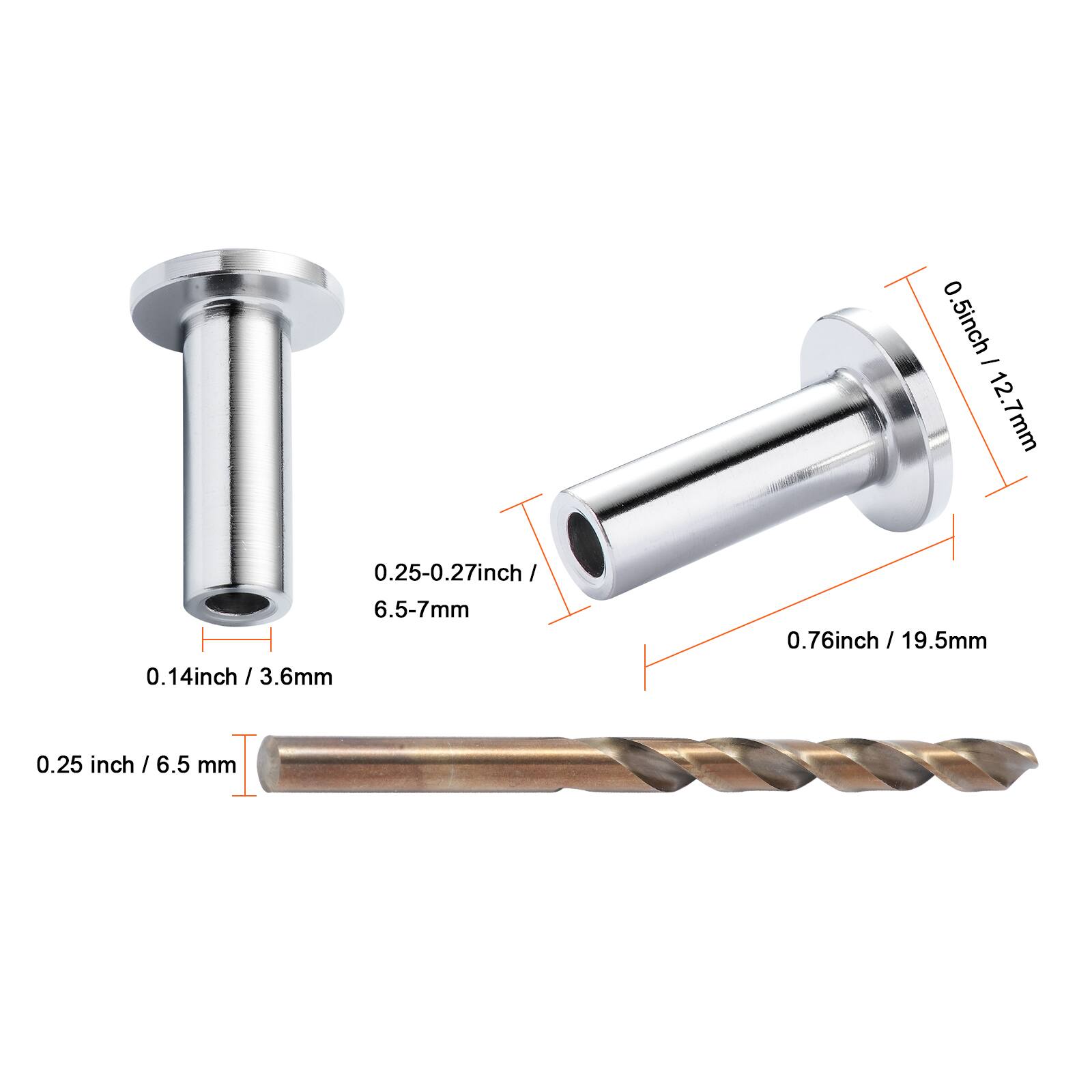 0.5 inch / 12.7 mm  
0.25-0.27 inch / 6.5-7 mm  
0.14 inch / 3.6 mm  
0.76 inch / 19.5 mm  
0.25 inch / 6.5 mm