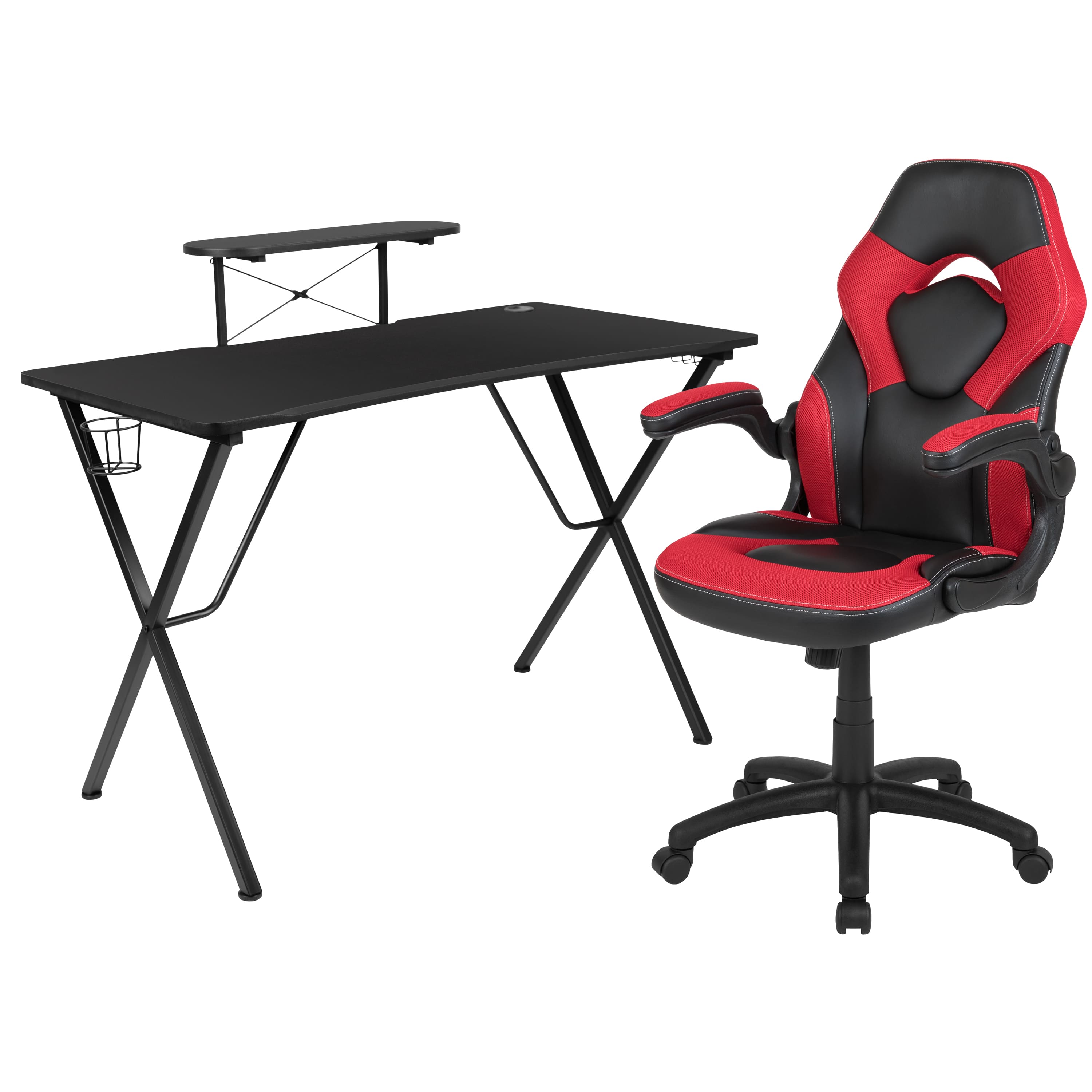 Emma + Oliver - Gaming Desk and Racing Chair Set with Headphone Hook, and Monitor Stand - Red