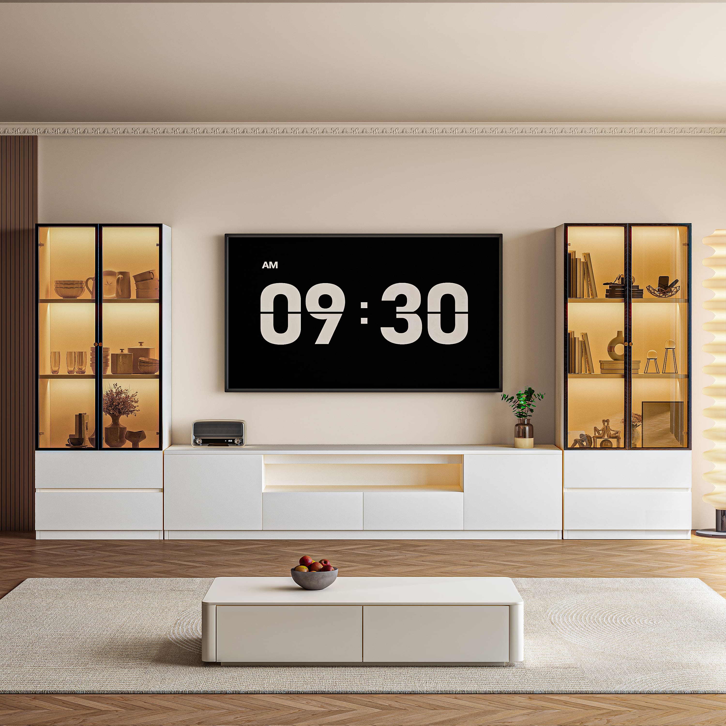 MSOOB - 126 Inch Modern Media Console Includes TV Stands And 2 Lighted Glass Display Cabinet - White