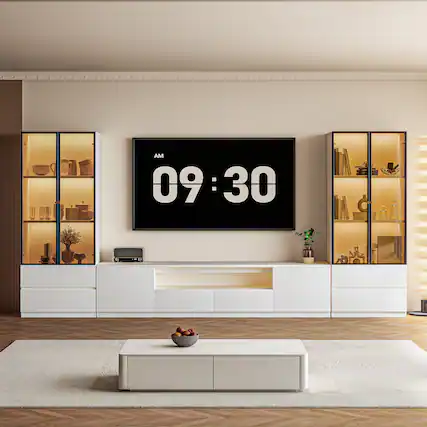 Front. MSOOB - 126 Inch White Modern Media Console Includes TV Stands And 2 Lighted Glass Display Cabinet - White.