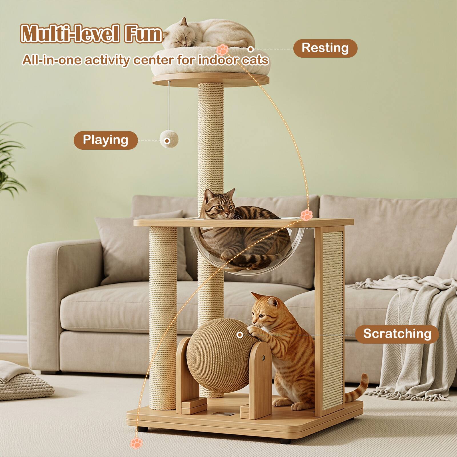 Multi-level Fun  
All-in-one activity center for indoor cats

- Resting
- Playing
- Scratching