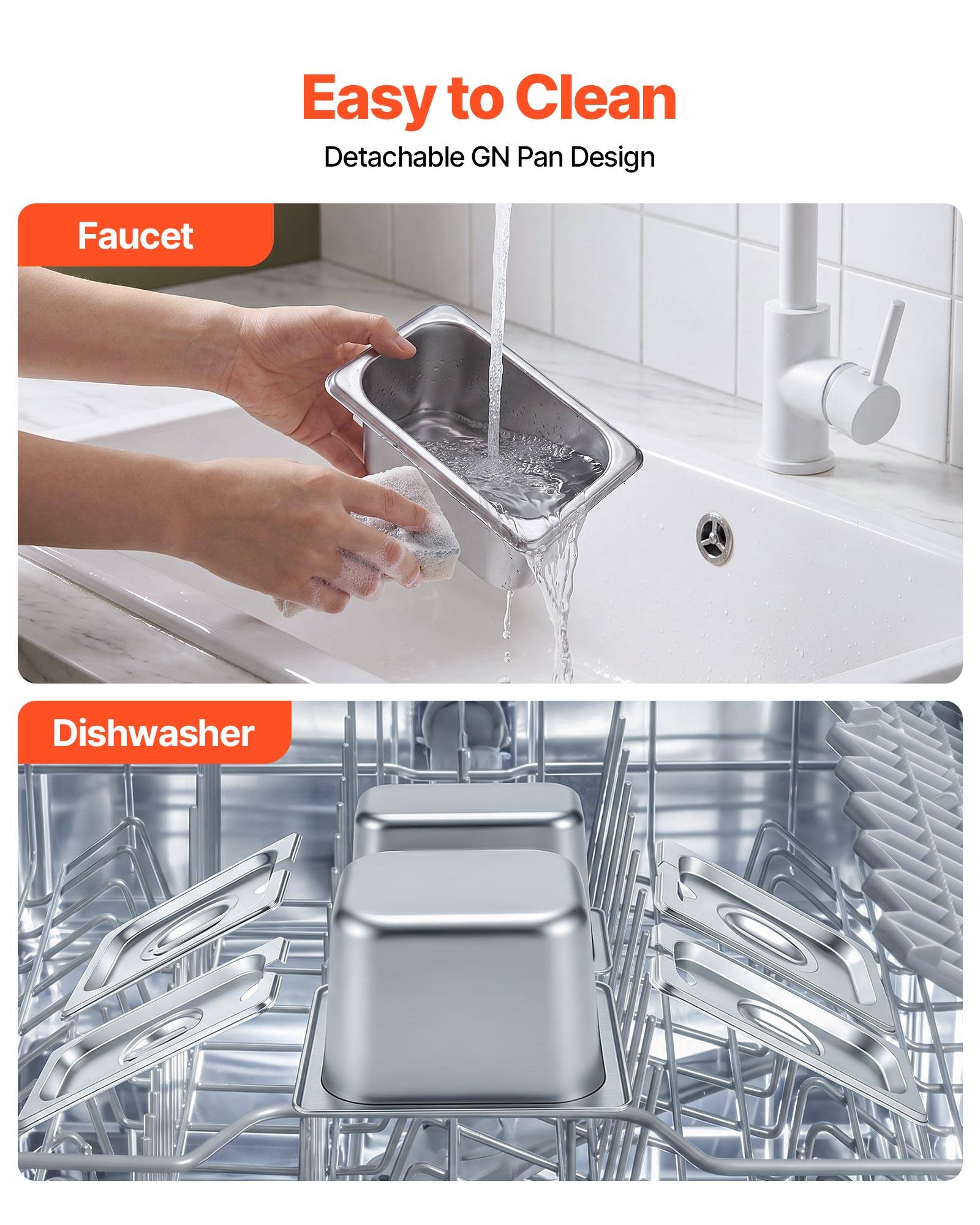 Easy to Clean  
Detachable GN Pan Design  

Faucet  

Dishwasher
