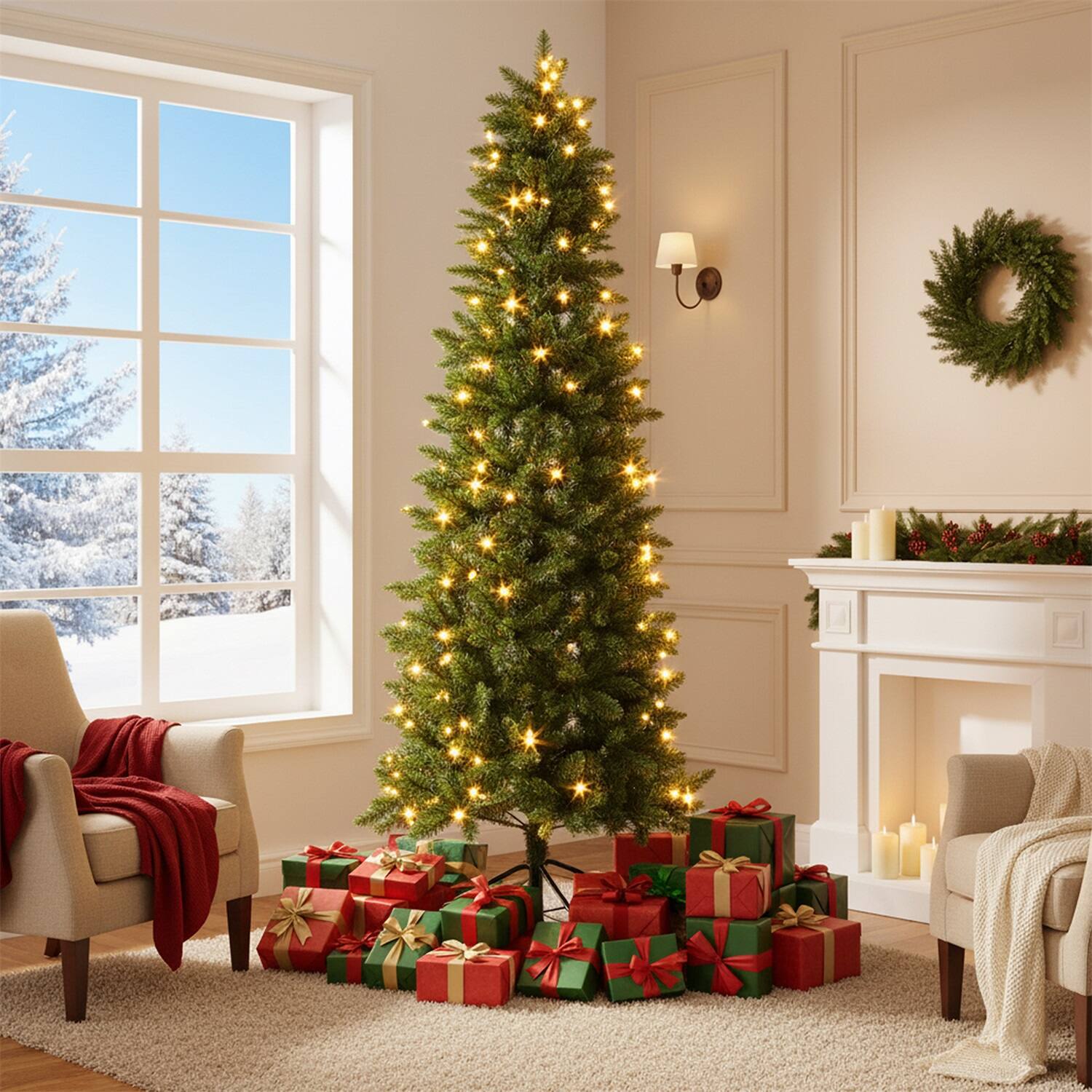 Sweet - 9FT Artificial Hinged Slim Pencil Christmas Tree with Warm White Lights, Full Branch Tips - Green