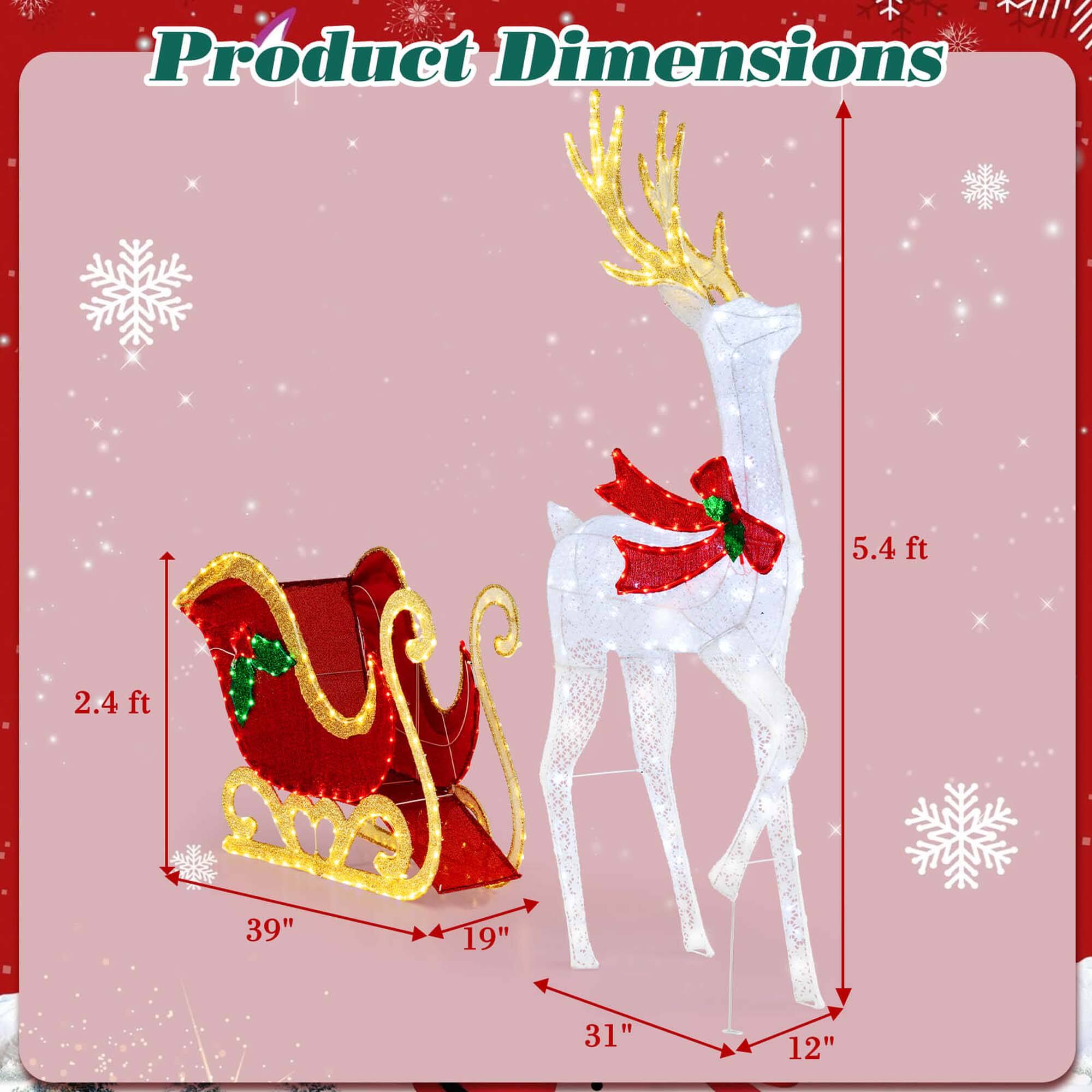 Product Dimensions

- Height: 5.4 ft
- Width: 39"
- Depth: 19"
- Length: 31"
- Width (reindeer): 12"
- Height (reindeer): 2.4 ft
