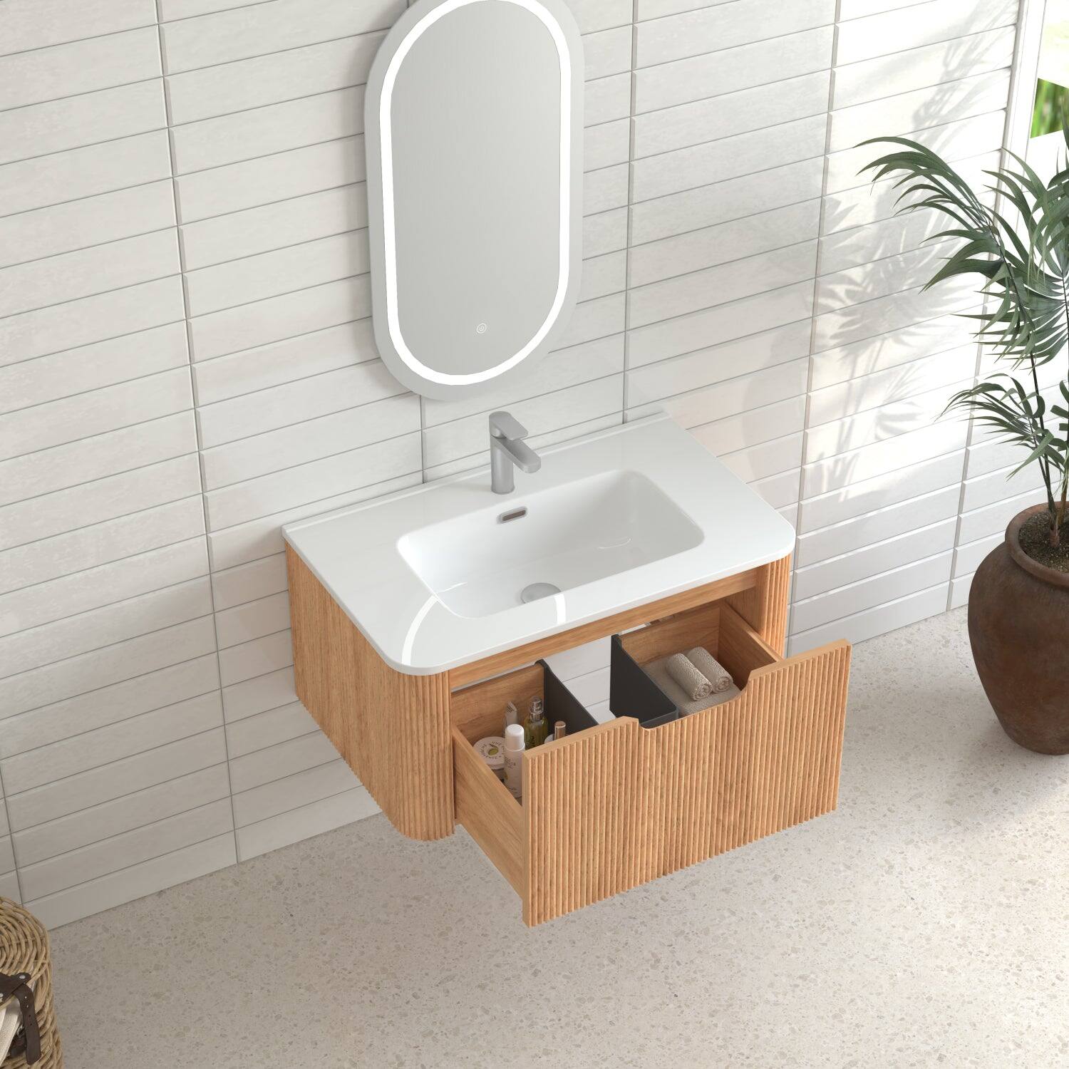 Alt View 5. Boyel Living - 30 in Wall-Mounted Bathroom Vanity Pre-Assembled Cabinet in Natural Walnut with Ceramic Basin Soft-Close Drawer - Natural Walnut.