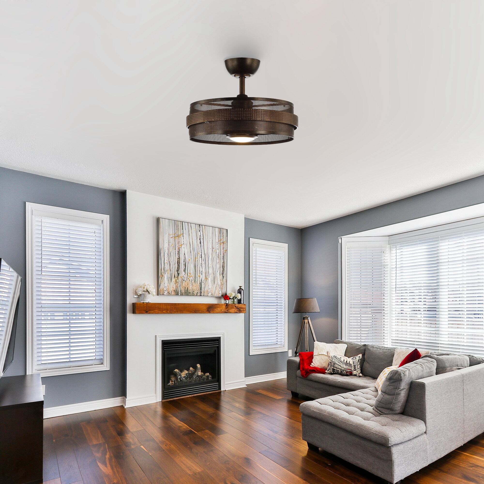 Left. Parrot Uncle - 21" Industrial Bronze Caged LED Ceiling Fan with Lights and Remote Control - Bronze.