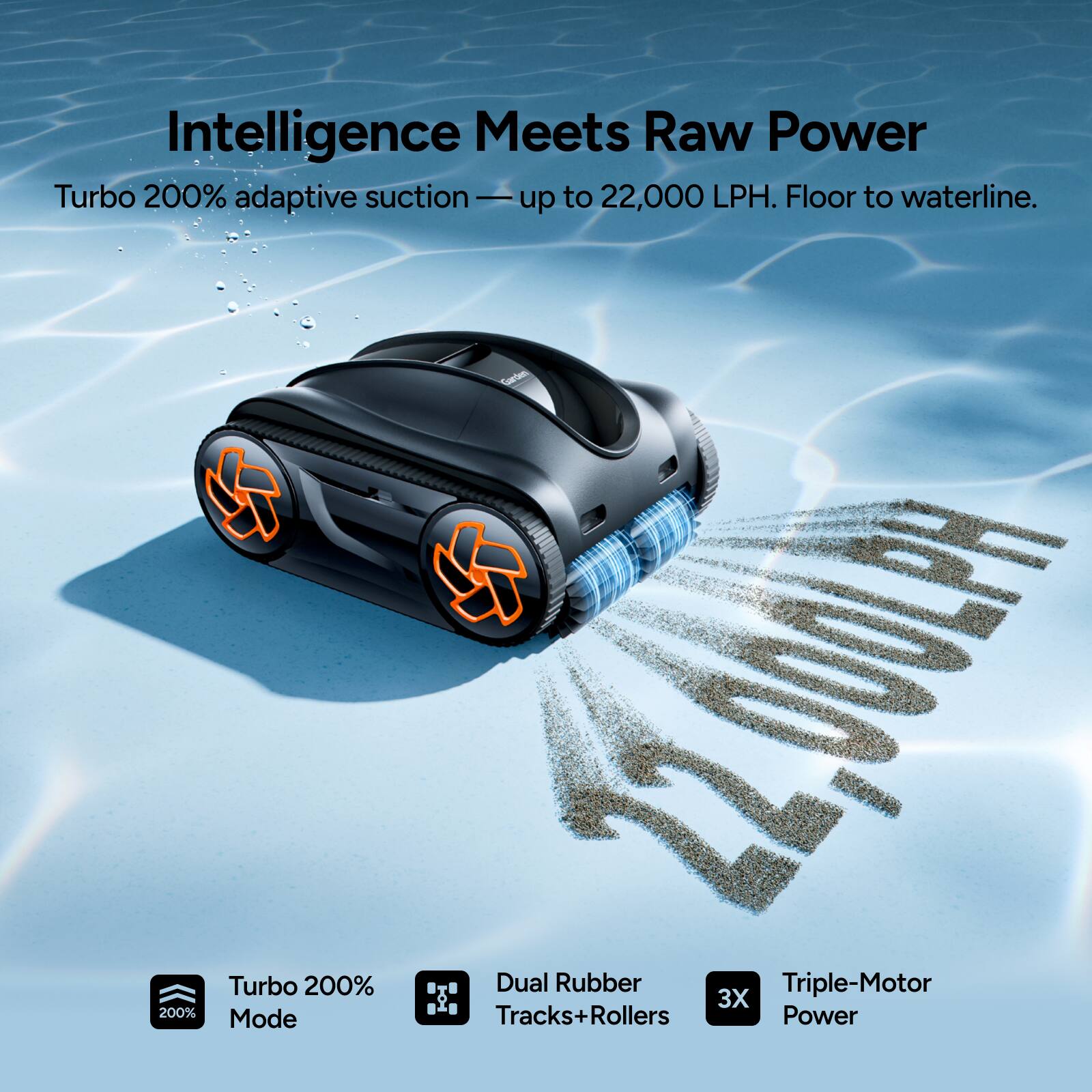 Intelligence Meets Raw Power  
Turbo 200% adaptive suction — up to 22,000 LPH. Floor to waterline.  
Garden 200% Turbo Mode  
Dual Rubber Tracks+Rollers  
Triple-Motor Power