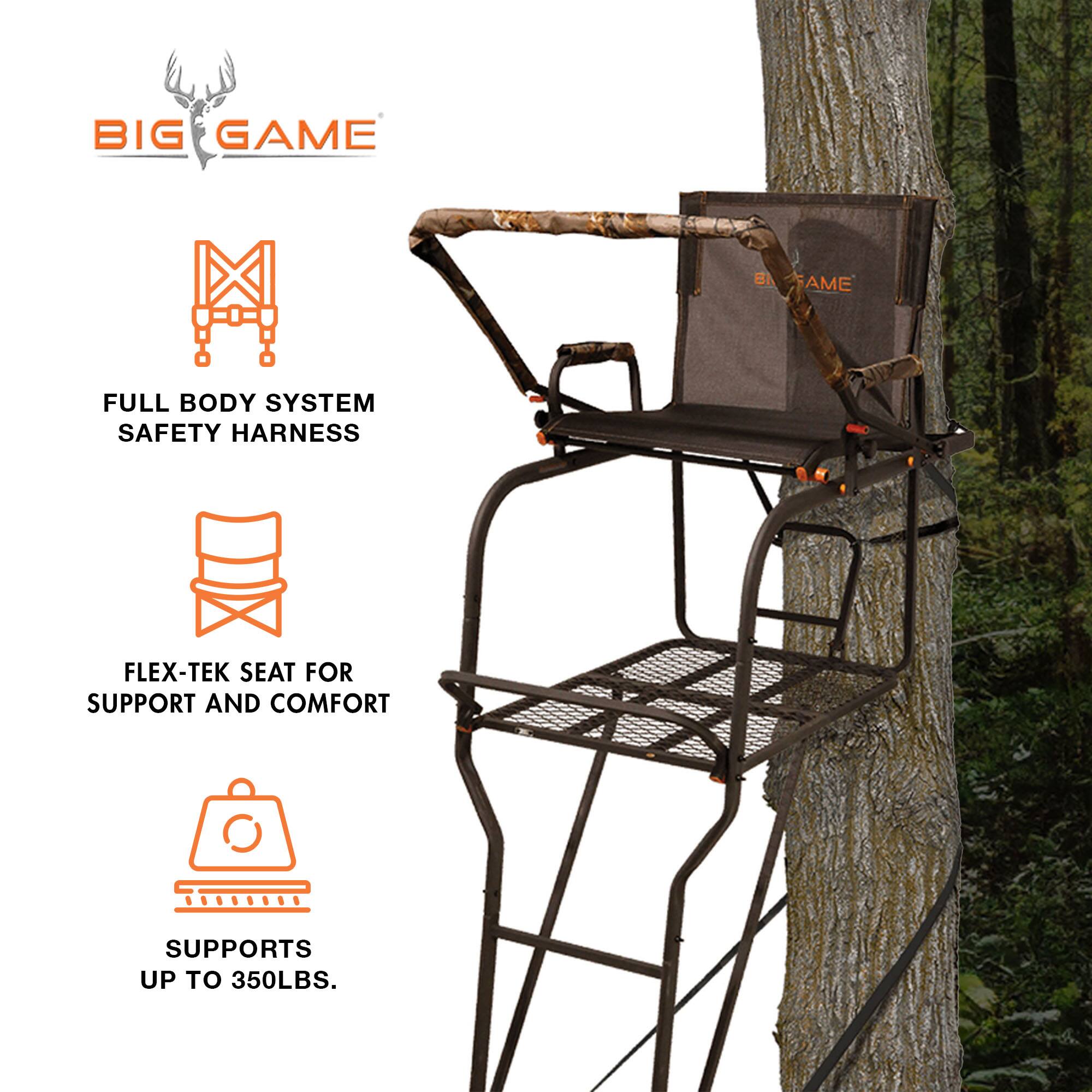 BIG GAME BN FAME FULL BODY SYSTEM SAFETY HARNESS FLEX-TEK SEAT FOR SUPPORT AND COMFORT SUPPORTS UP TO 350LBS.