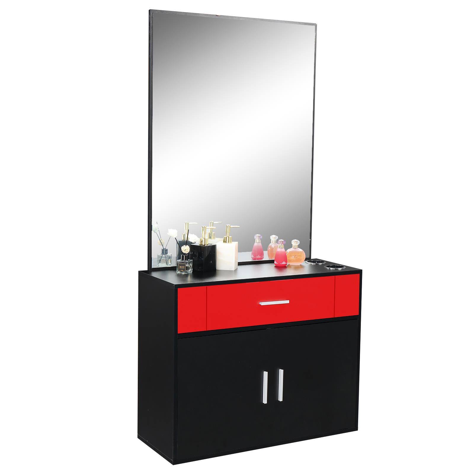 Front. Winado - Wall Mount Salon Cabinet Barber Stations with Mirror Barber Beauty Spa Equipment - Black & Red.