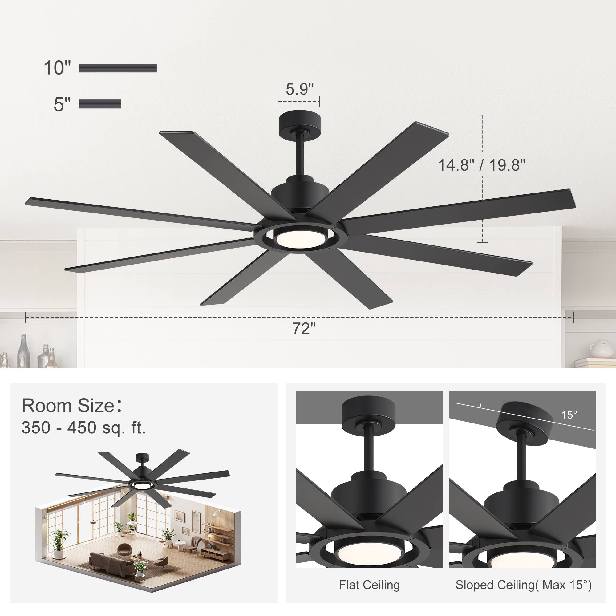 10" 5" 5.9" 14.8" / 19.8" 72"  
Room Size: 350 - 450 sq. ft.  
Flat Ceiling Sloped Ceiling (Max 15°)