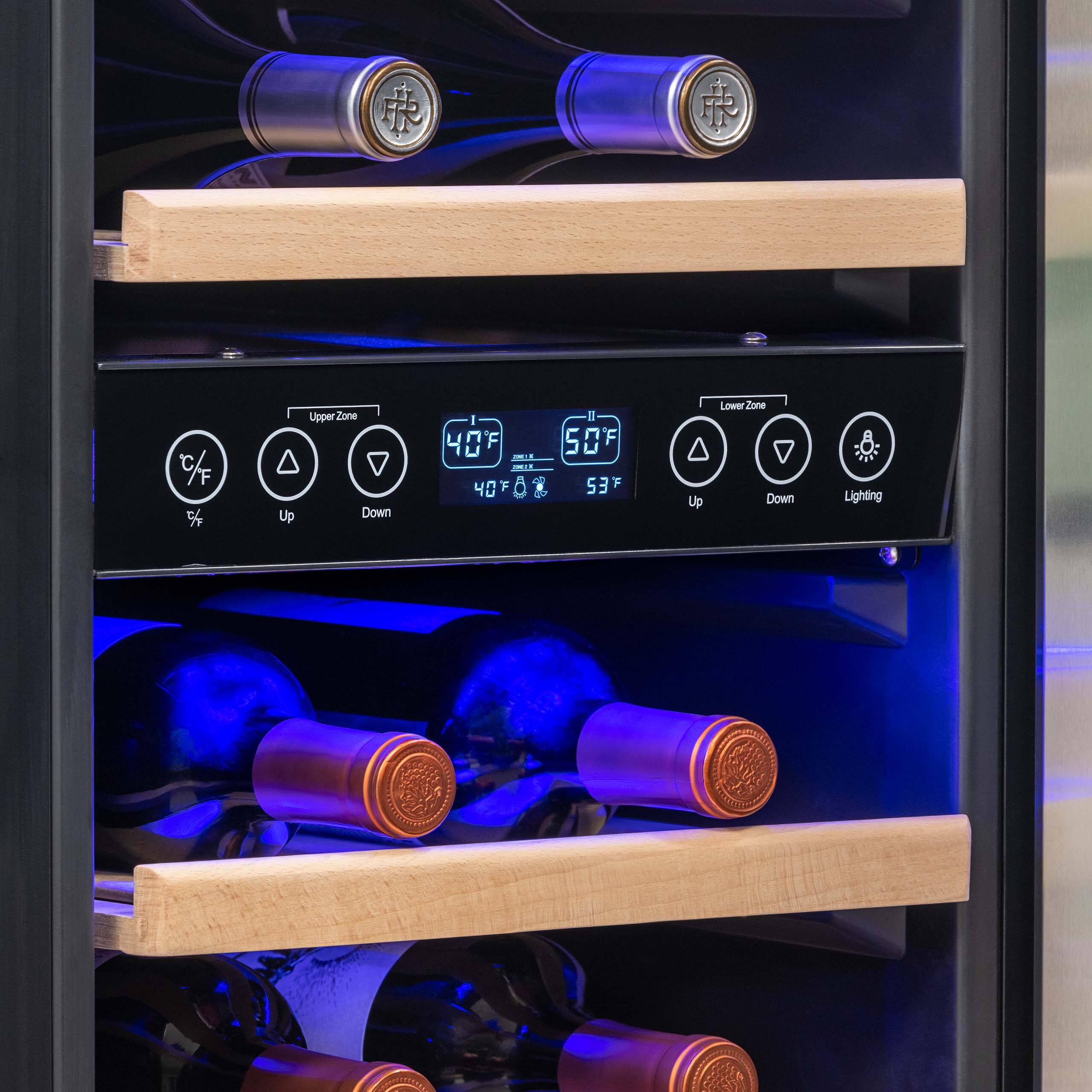The image shows a wine refrigerator with a blue interior lighting. The refrigerator has a temperature control panel with a digital display, which shows the current temperature and the temperature range. The wine refrigerator is filled with wine bottles, with some of them placed in the upper zone and others in the lower zone. The temperature range is between 40°F and 53°F, and the current temperature is displayed as 40°F.