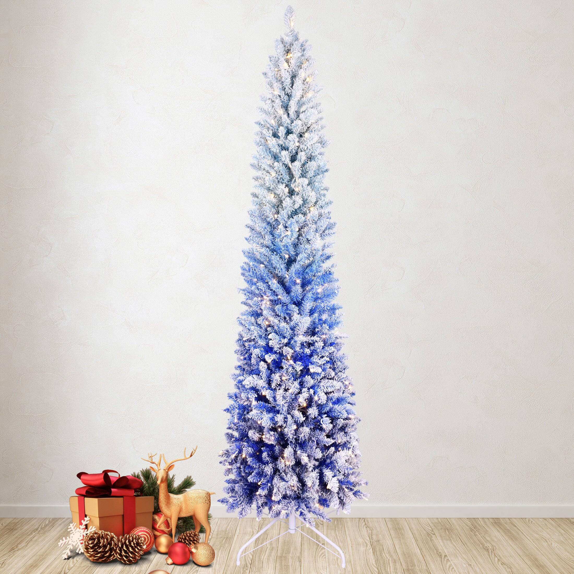 Angle. BreeBe - 7FT Blue Gradient Flocked Pencil Christmas Tree with 300 Warm White LED Lights - Blue.