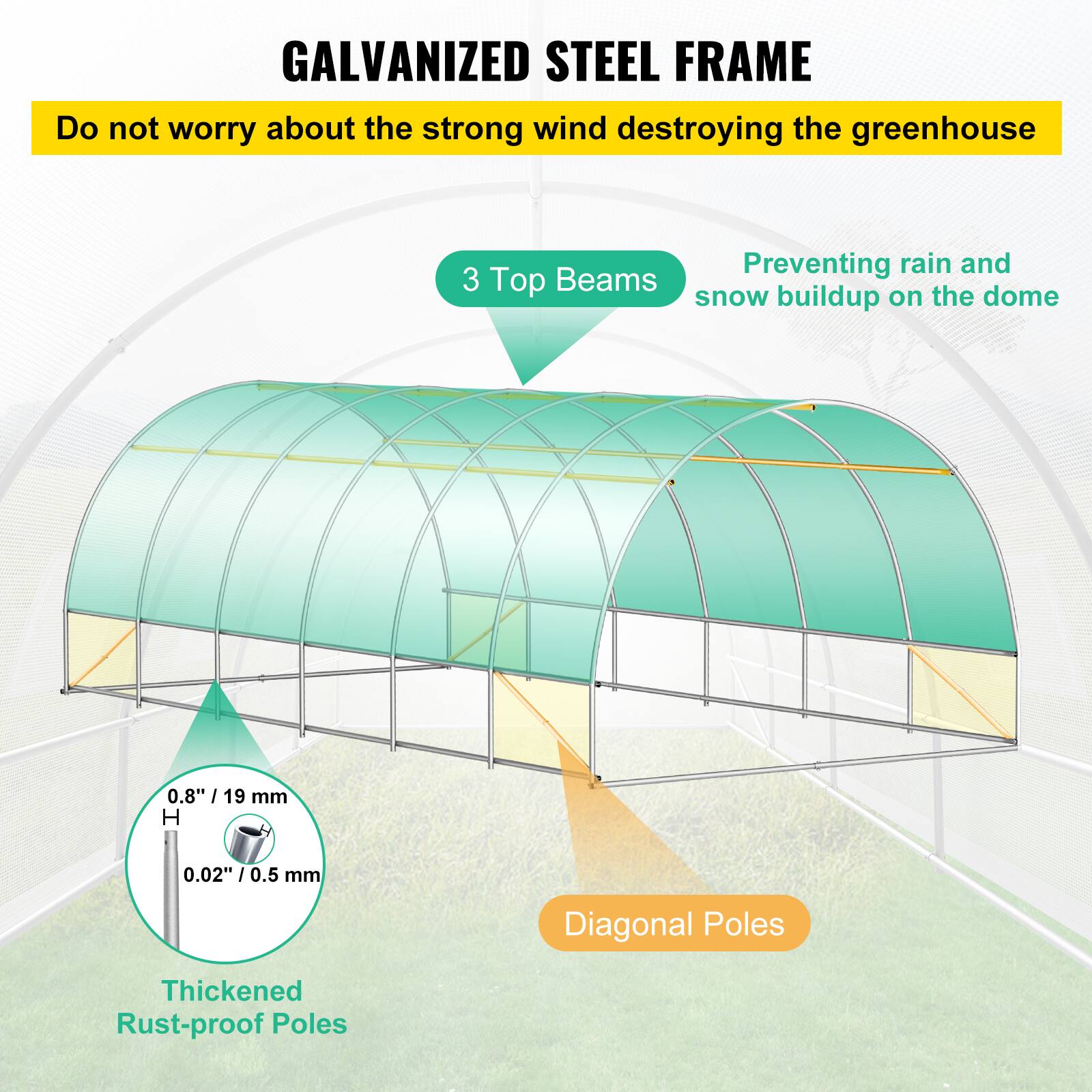 GALVANIZED STEEL FRAME

Do not worry about the strong wind destroying the greenhouse

3 Top Beams
Preventing rain and snow buildup on the dome

0.8"/ 19 mm H
0.02"/ 0.5 mm

Diagonal Poles
Thickened Rust-proof Poles