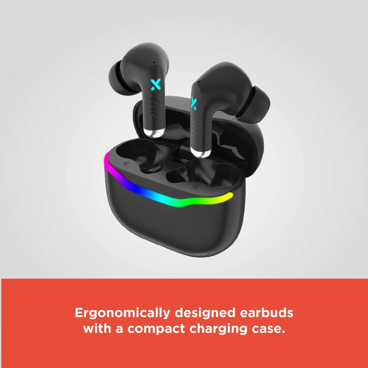 Ergonomically designed earbuds with a compact charging case.