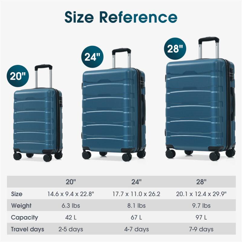 Size Reference  
20" 24" 28"  

Size  
20" - 14.6 x 9.4 x 22.8"  
24" - 17.7 x 11.0 x 26.2"  
28" - 20.1 x 12.4 x 29.9"  

Weight  
20" - 6.3 lbs  
24" - 8.1 lbs  
28" - 9.7 lbs  

Capacity  
20" - 42 L  
24" - 67 L  
28" - 97 L  

Travel days  
20" - 2-5 days  
24" - 4-7 days  
28" - 7-9 days