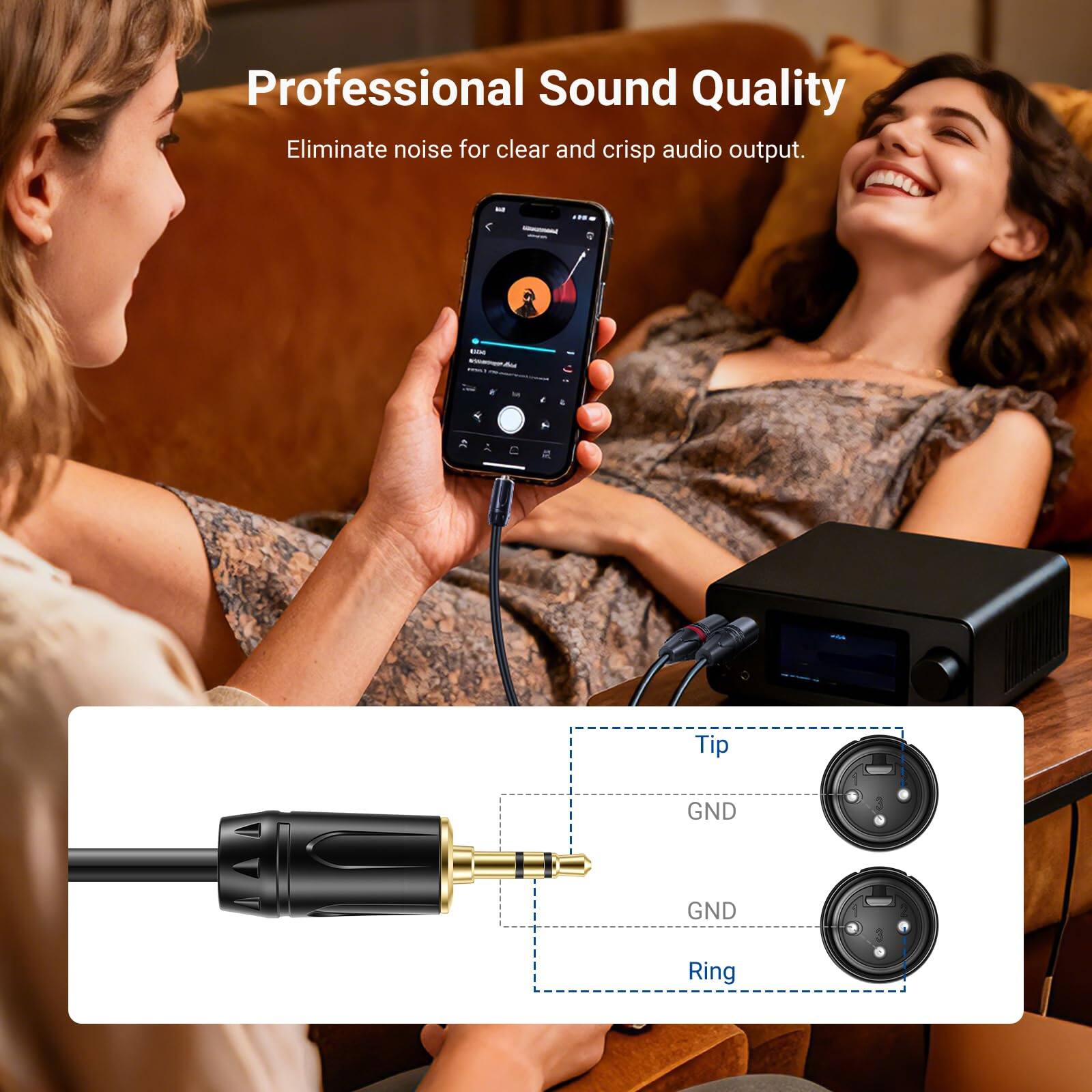 Professional Sound Quality  
Eliminate noise for clear and crisp audio output.

- Tip
- GND
- GND
- Ring